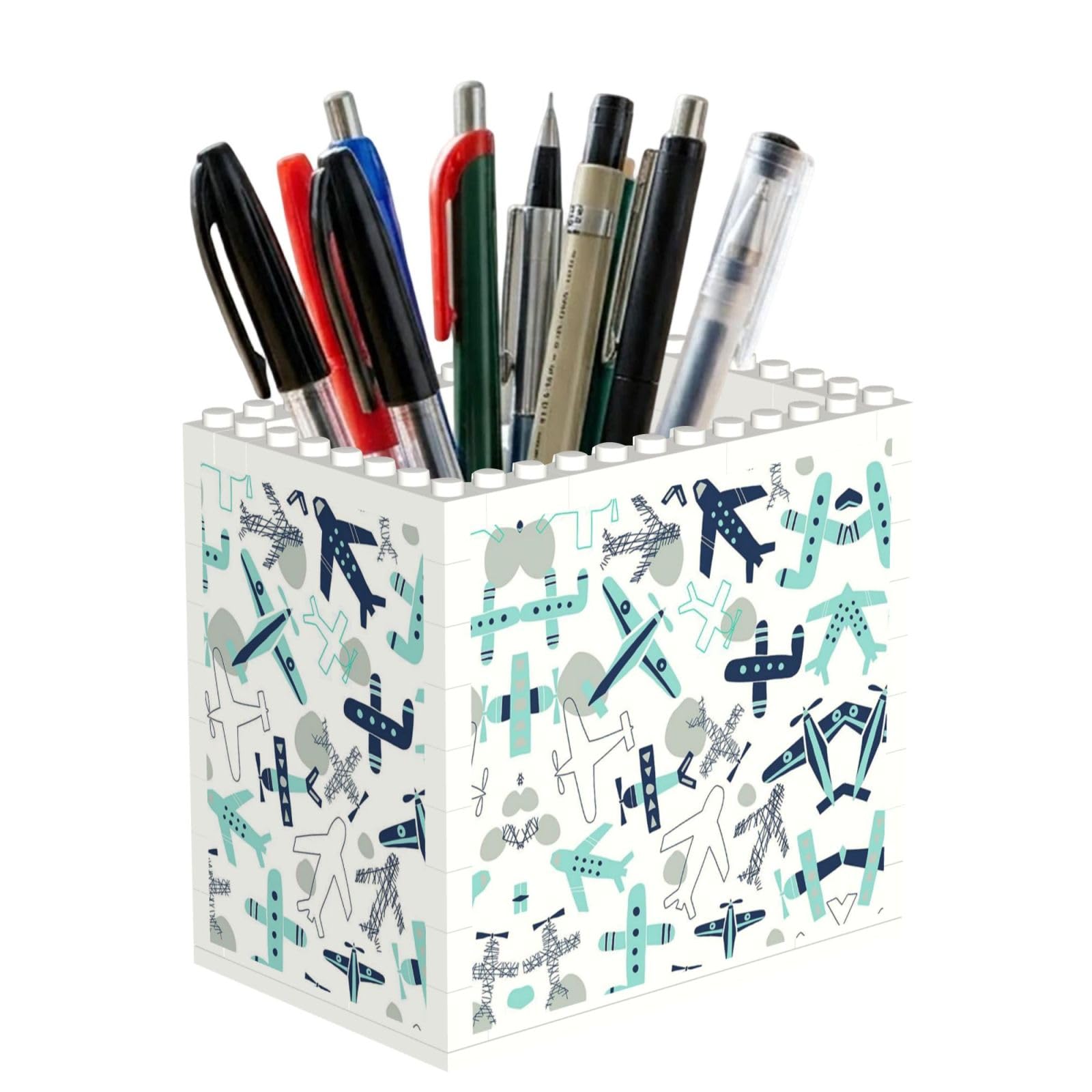 SATUSA Airplane Print Building Block Texture Pen Holder - Pencil Holder For Desk Pen Organizer,Aesthetic Desk Accessories For Women(1pcs)