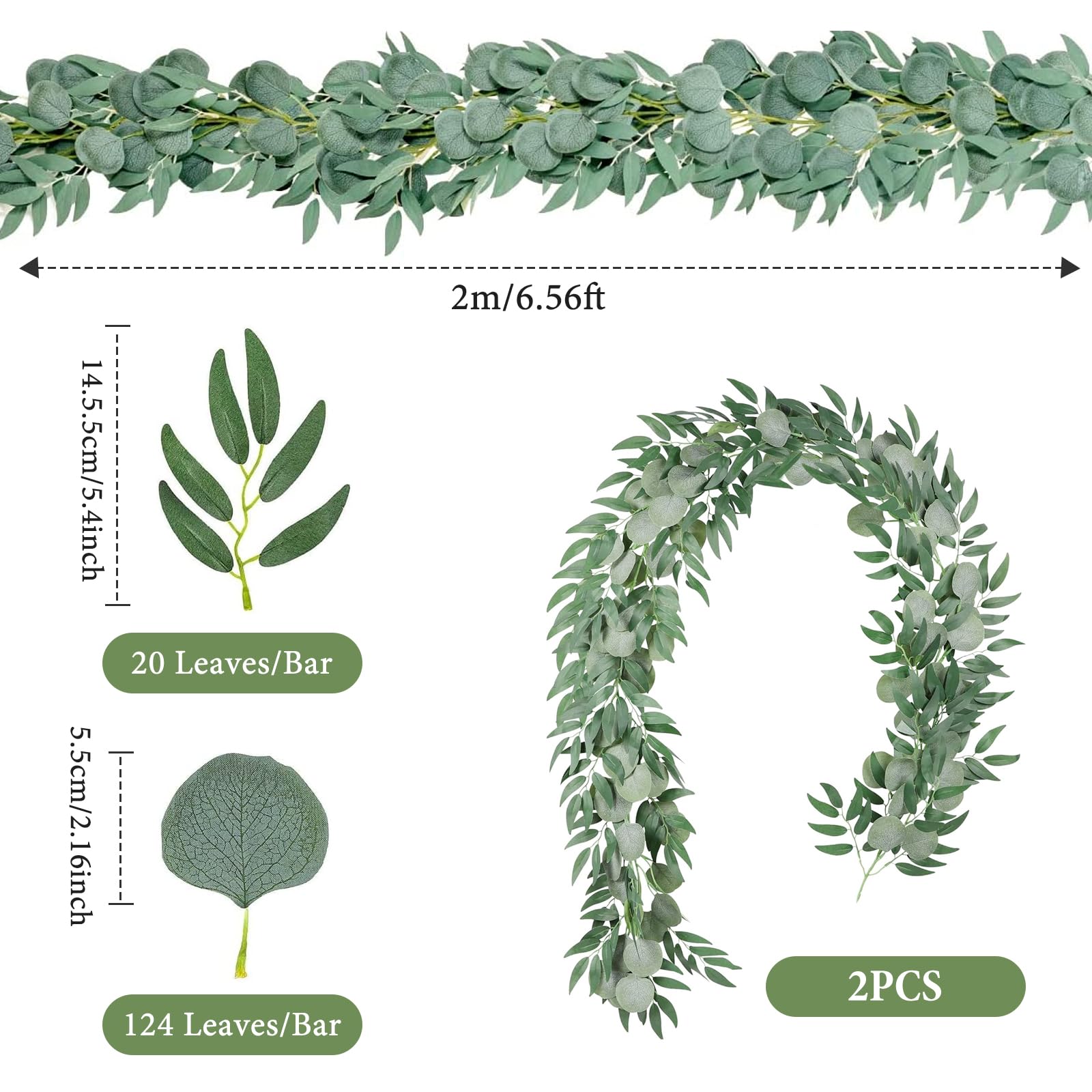 Betylifoy Kunstmatige eucalyptus-slinger, lijkt op echt, hangende slinger, eucalyptus wijnstokken, 2 stuks, 180 cm, groene slinger voor bruiloftsachtergrond, feest, tafeldecoratie