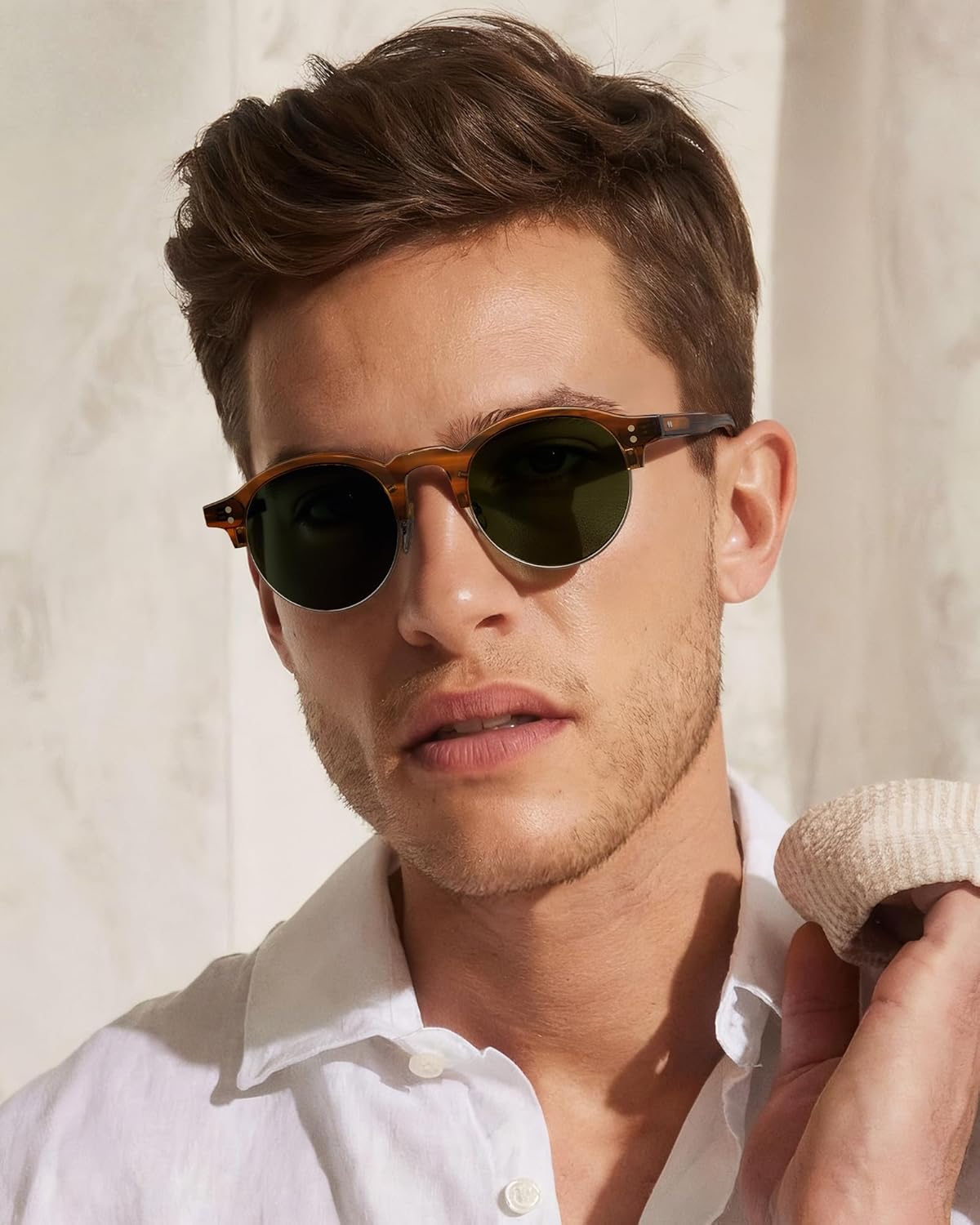 CARFIA Retro Round Polarized Sunglasses For Men, Acetate Semi-Rimless Frames Driving Sun Glasses UV 400 Protection - Image 2