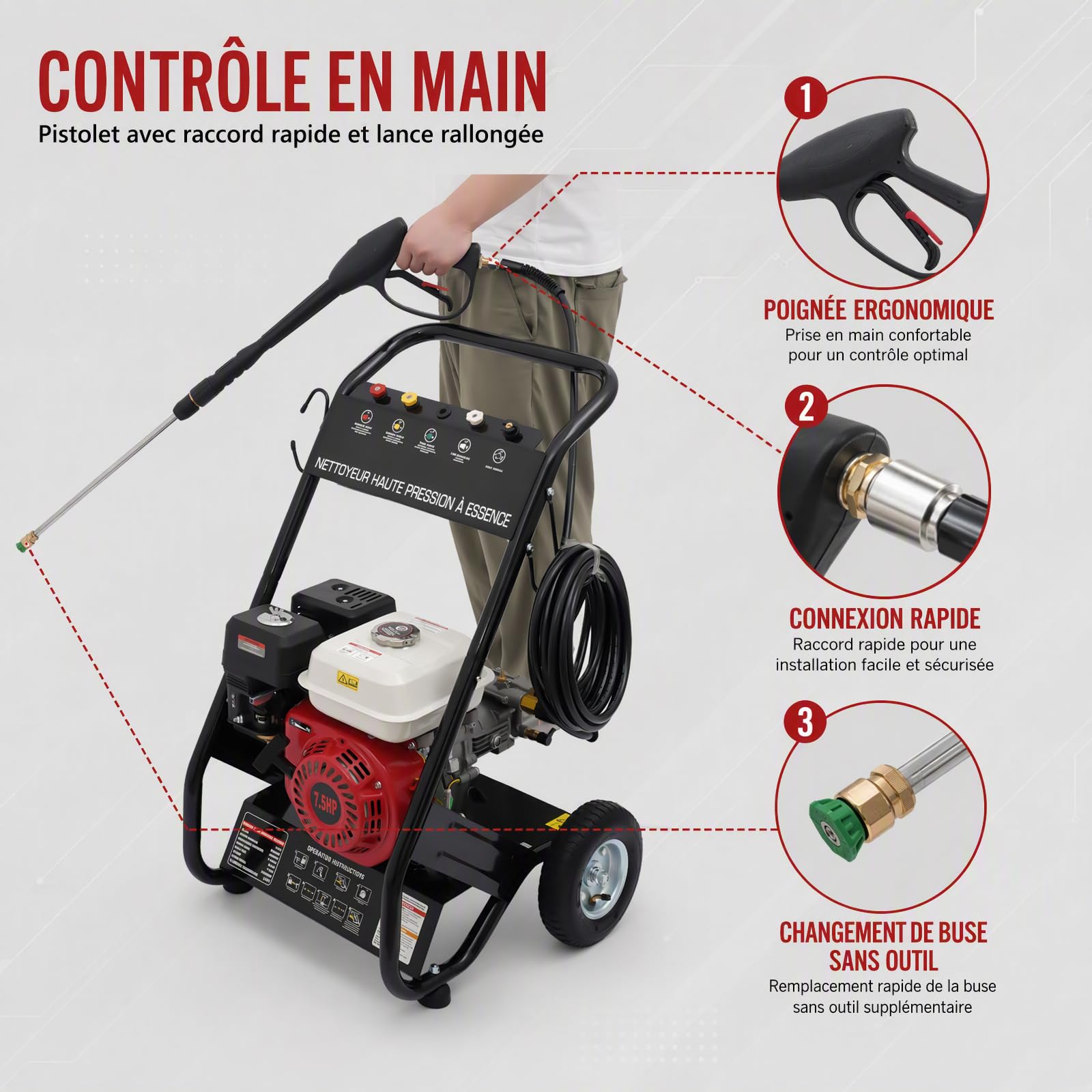 Nettoyeur Haute Pression Thermique 190 Bar 7 CV 4 Temps avec 5 Buses