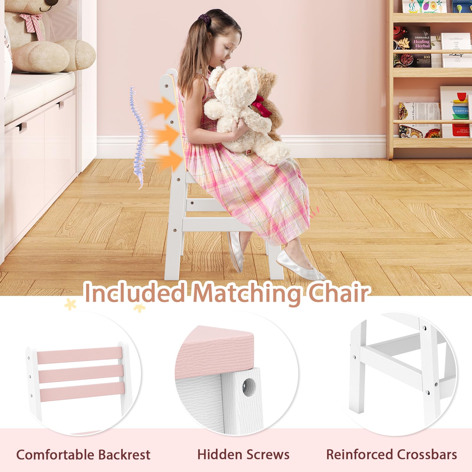 LIFEZEAL Tavolo da Toeletta con Specchio, Luci (bianco+rosa) | Set da Toeletta con Sgabello, 1 Cassetto, Scomparti Aperti, Mensola Laterali, Accessori, per Cameretta, per Bambina 3+Anni