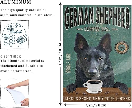 CCPARTON Letreros de metal negros de pastor alemán para perros de café, letreros vintage de aluminio retro para el hogar, cafetería, cocina, 8 x 12