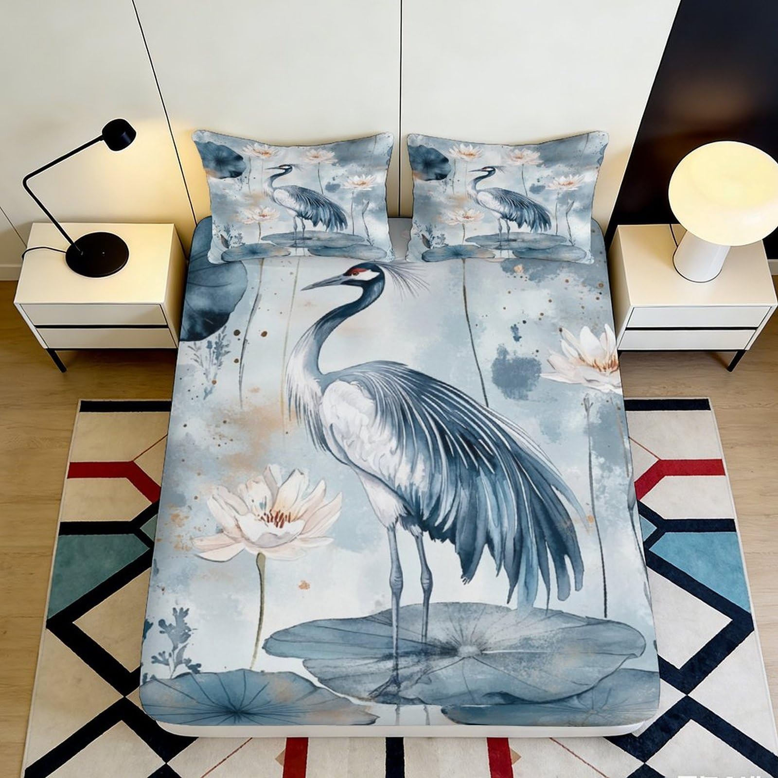 3D Printed Crane Lotus Fitted Sheet Microfiber Soft Breathable Watercolor Bed Cover for Bedroom Home Decor Protection 90x200x25cm