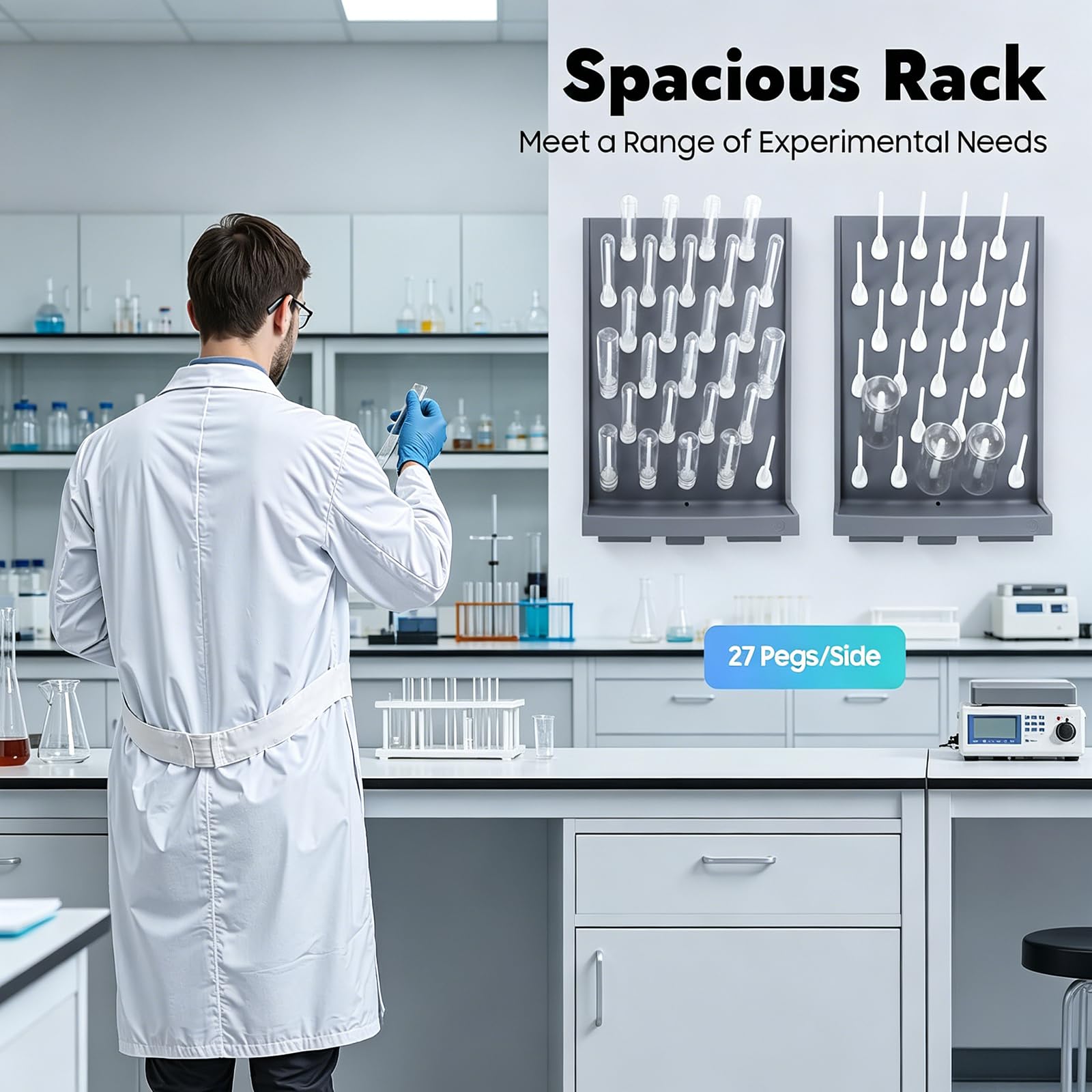 MObyat Escurridor De Laboratorio con Clavijas De 13,8 Cm, 27 Clavijas para Secar Botellas con Tubo De Drenaje De 60 Cm, Diseño De Drenaje Inclinado, para Material De Vidrio De Laboratorio
