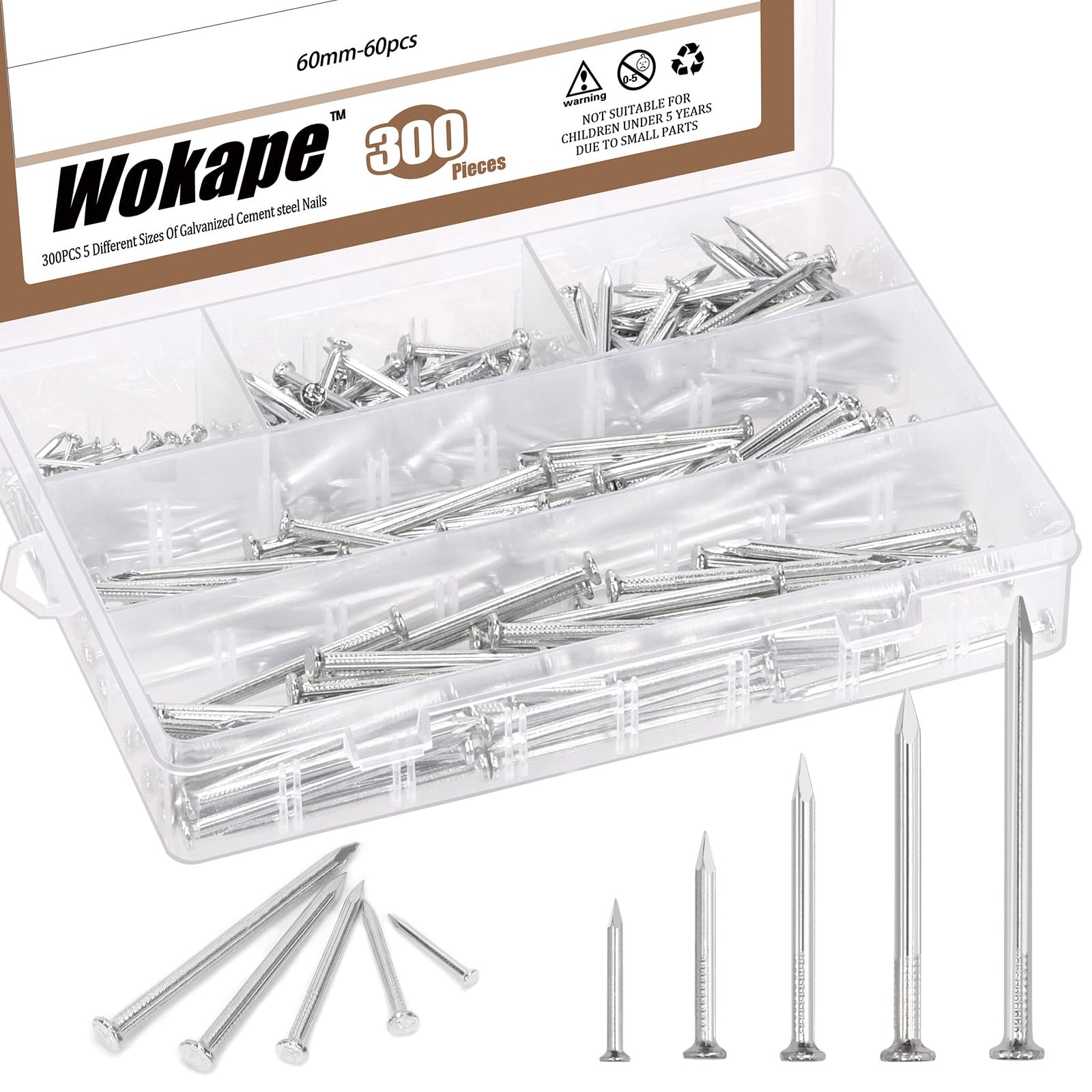 Wokape 300Pcs Steel Nails Assortment Kit, 20MM 30MM 40MM 50MM 60MM White Galvanized Hardware Nails Cement Nails for Hanging Pictures, Wall Nails, Wood Nails, Finishing Nails, Household and DIY