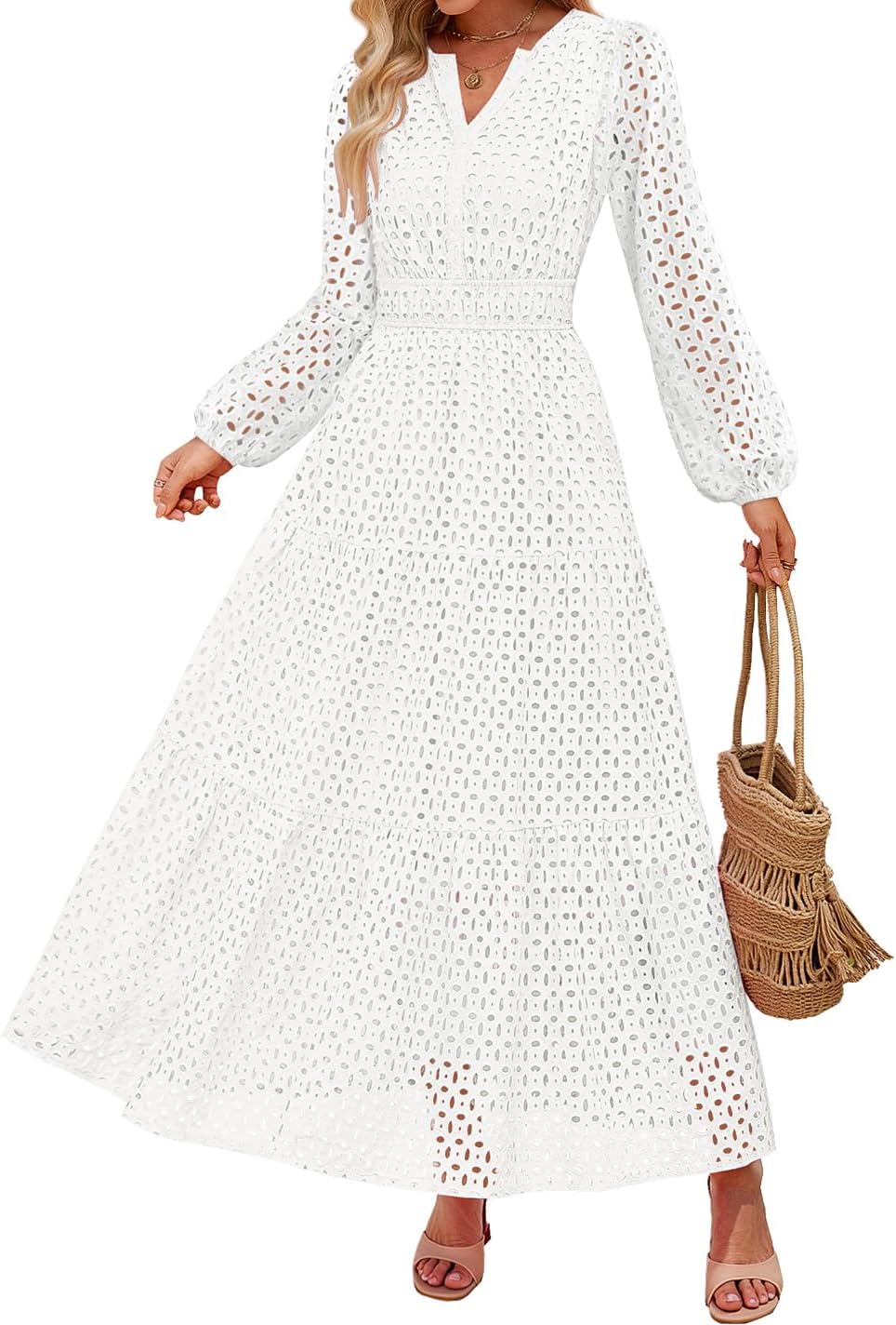 ZESICA Women’s 2025 Fall Long Sleeve Maxi Dress V Neck Hollow Out Eyelet A Line Long Flowy Casual Party Dresses