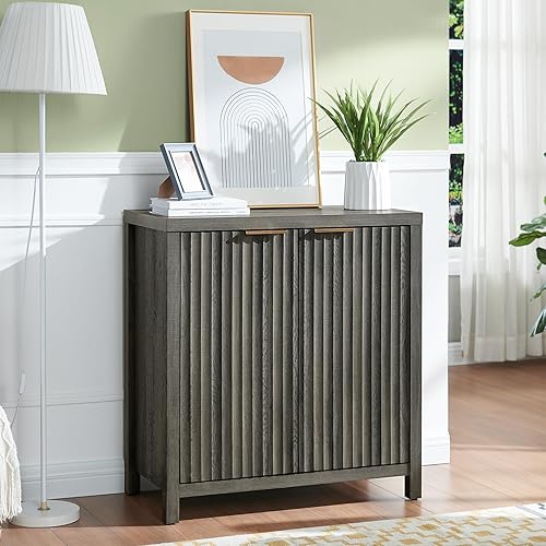 Miniatura 2 de Oxford - Armario de almacenamiento, aparador acanalado con estantes ajustables, consola moderna de acento Credenza, juego de 4 (roble medianoche)