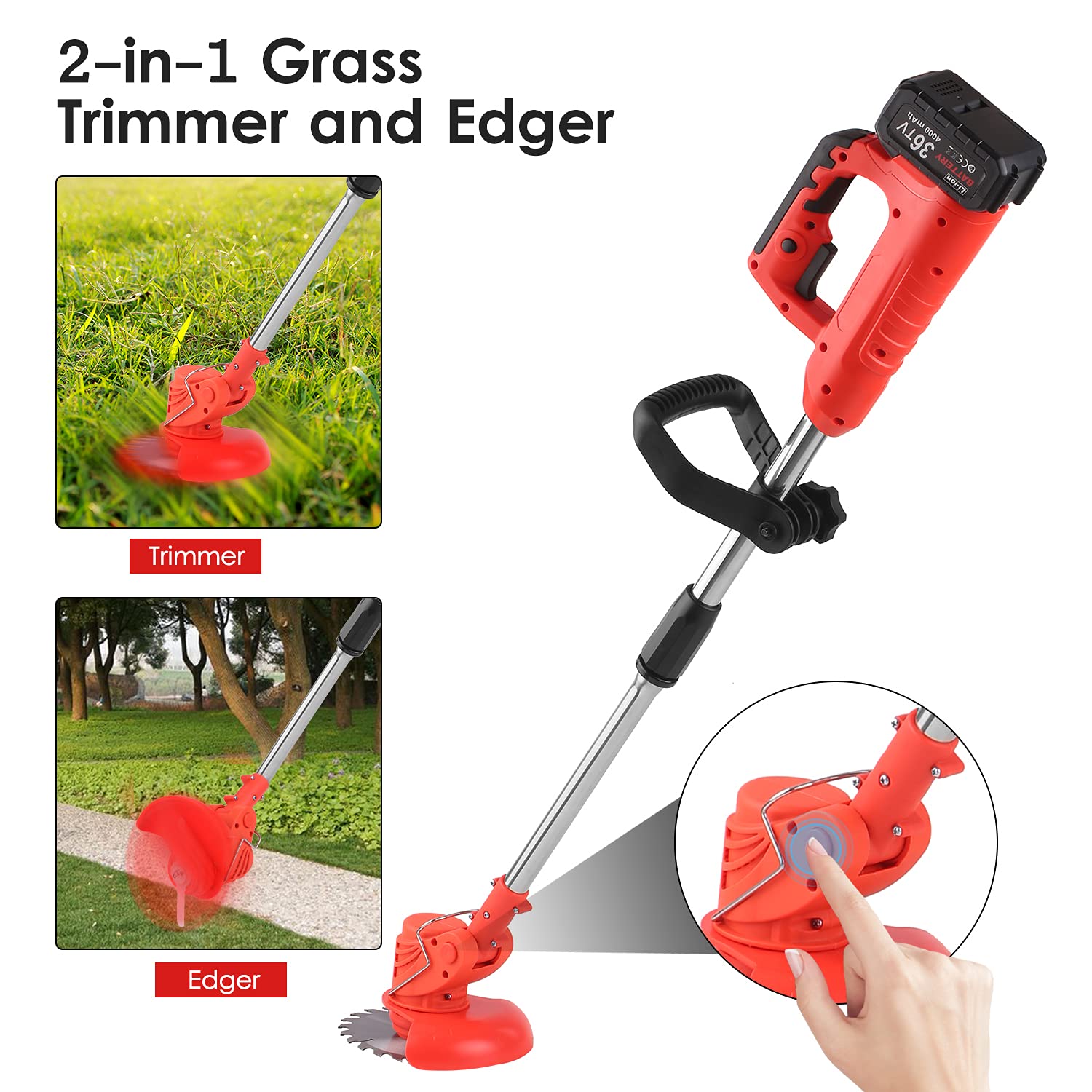 Desbrozadora de césped inalámbrica de 21 V, funciona con batería, podadora de hierbas eléctrica, cortasetos con batería de 4 Ah y cargador, incluye cuchillas de repuesto para mantenimiento de