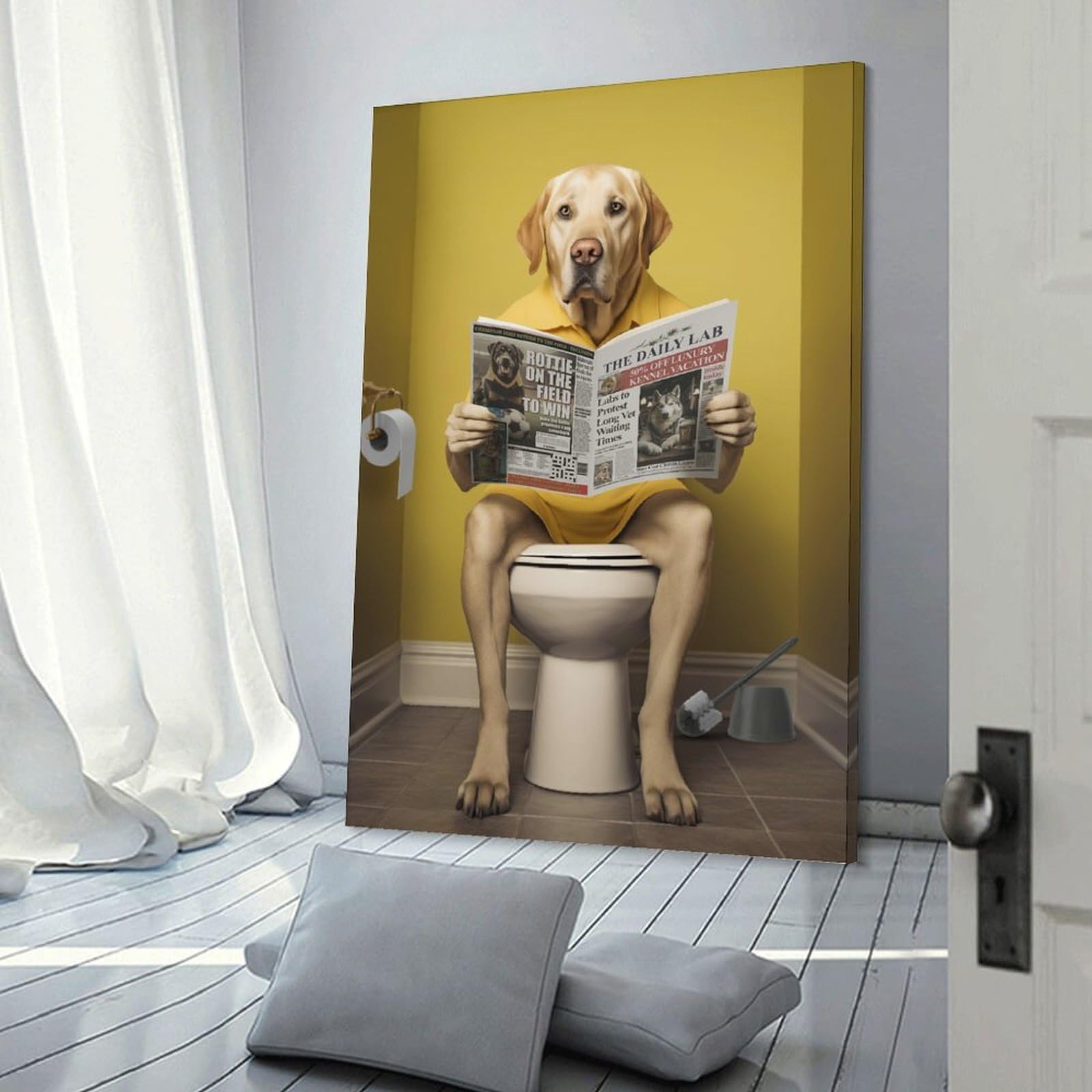 Junmoney Frame-Style-5 Labrador On The Toilet Wall Decor Canvas Print, 20X30inch(50X75cm), For New Home Styling, Lounge Or Bedroom, Stylish Wall Art For Fresh Spaces