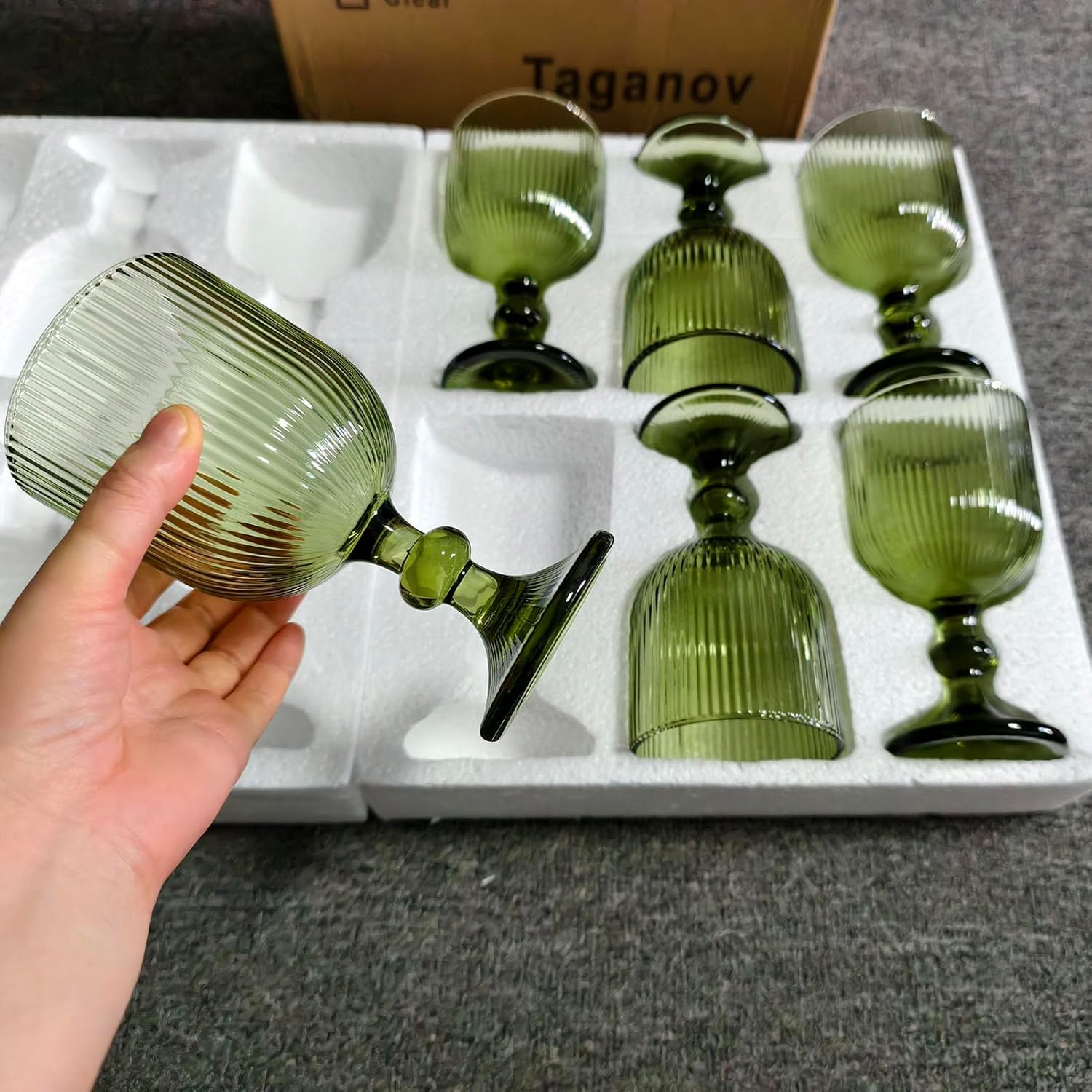 Green Drinking Glasses set of 6 Big Wine Goblets Vintage Colored Glassware 13 oz for Wedding Party Bar Vertical Line Embossed Pattern Stemmed Cups 400ml - Image 4