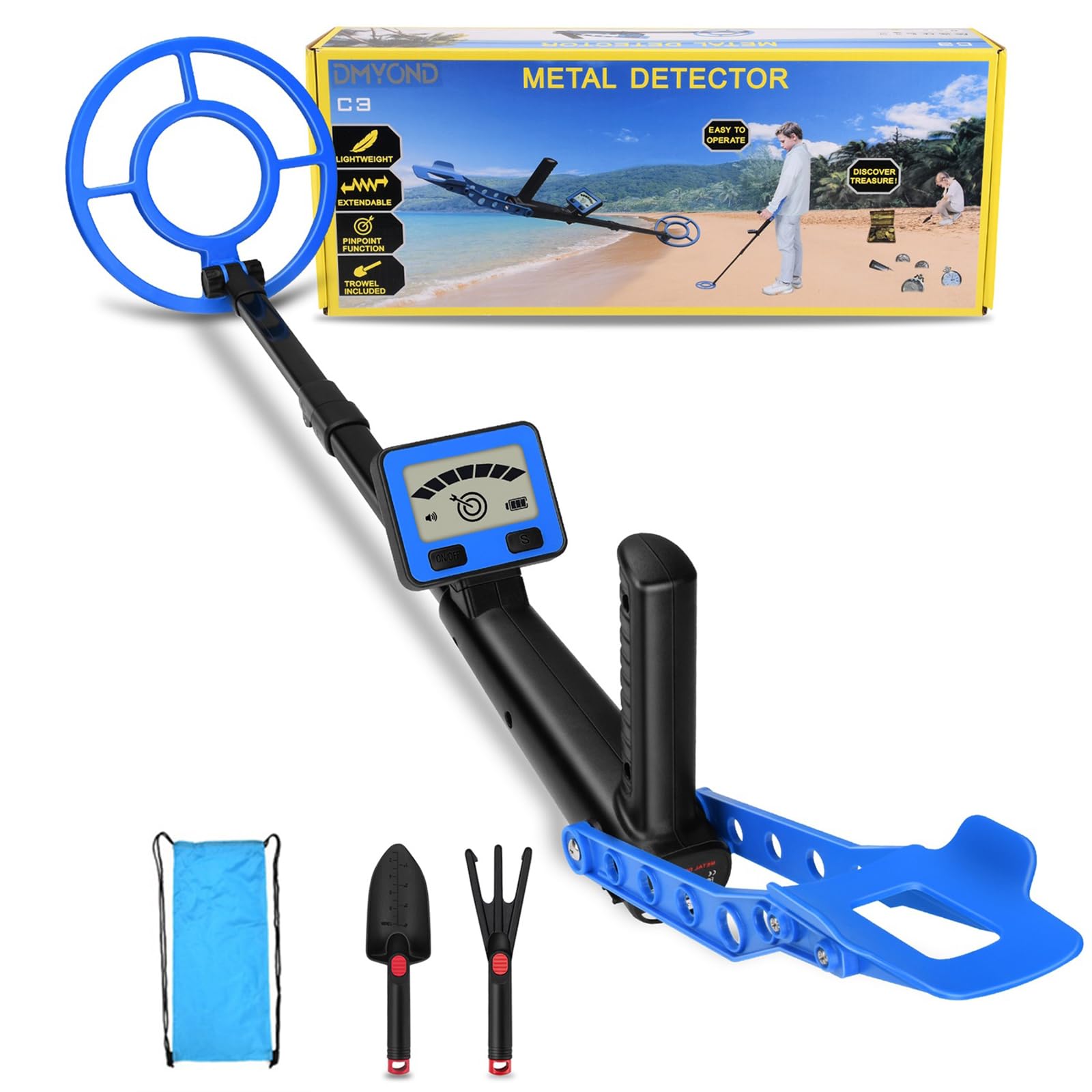 Metal Detector per bambini con asta estensibile da 79 cm Rilevatore tesori leggero da 1, 2 libbre per uso esterno Rileva metalli a 10 cm profondità Attrezzatura da caccia tesoro