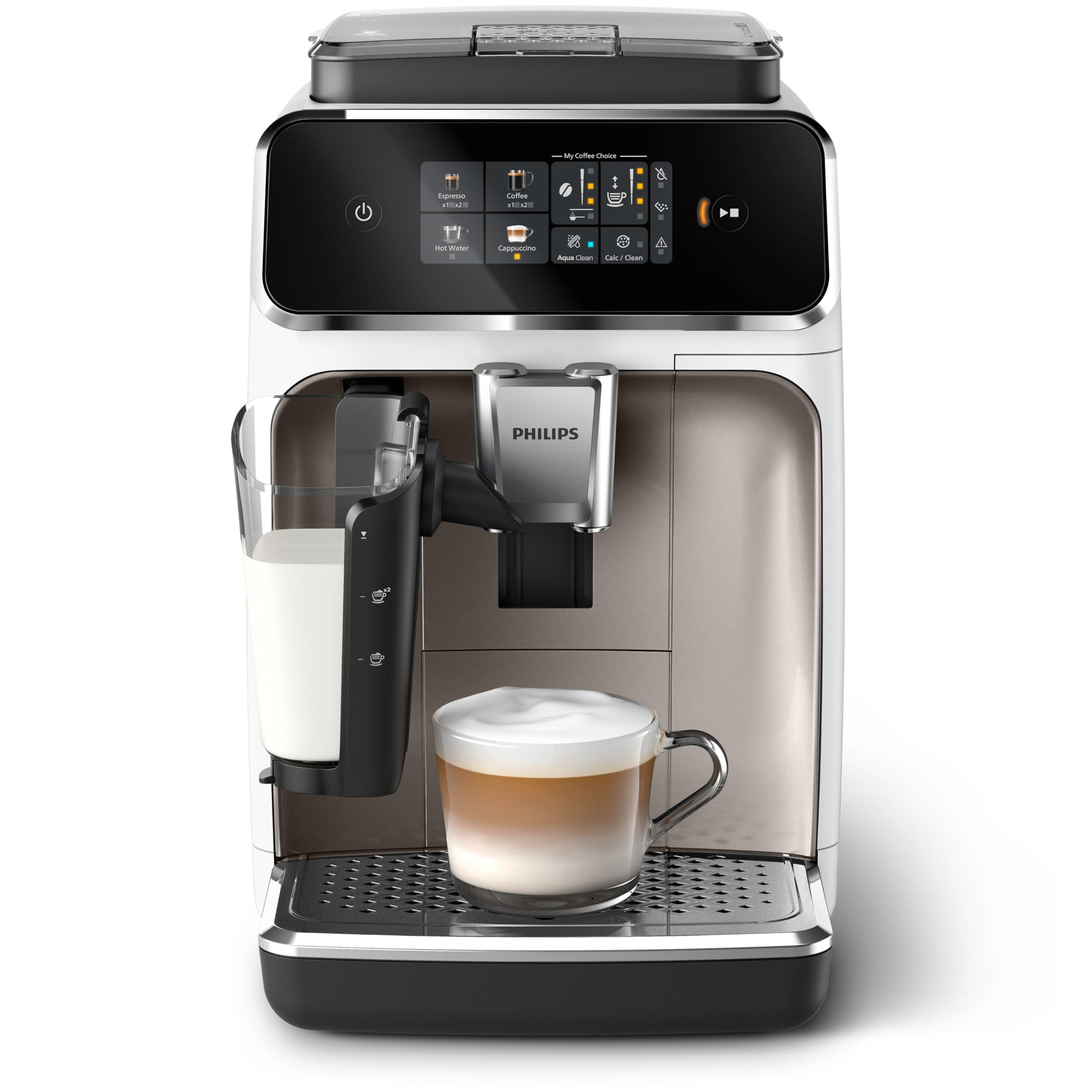 PHILIPS Macchina da caffè espresso automatica Serie 2300-4 bevande, Display touch screen a colori, Sistema LatteGo, SilentBrew, Macinacaffè in ceramica, Filtro AquaClean. Bianco cromo (EP2333/40)