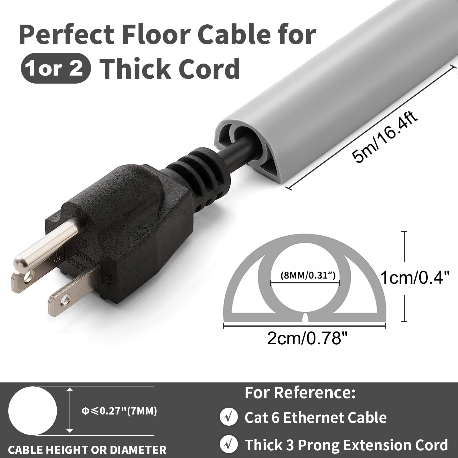 Protezioni per Cavi a Pavimento, 5M x2cm Autoadesivo Copricavi per Pavimento Passacavo a Pavimento Perfetti per Tutti i Cavi di Alimentazione a Casa, Ufficio, Scuola, Magazzino (Grigio -Arrotondato)