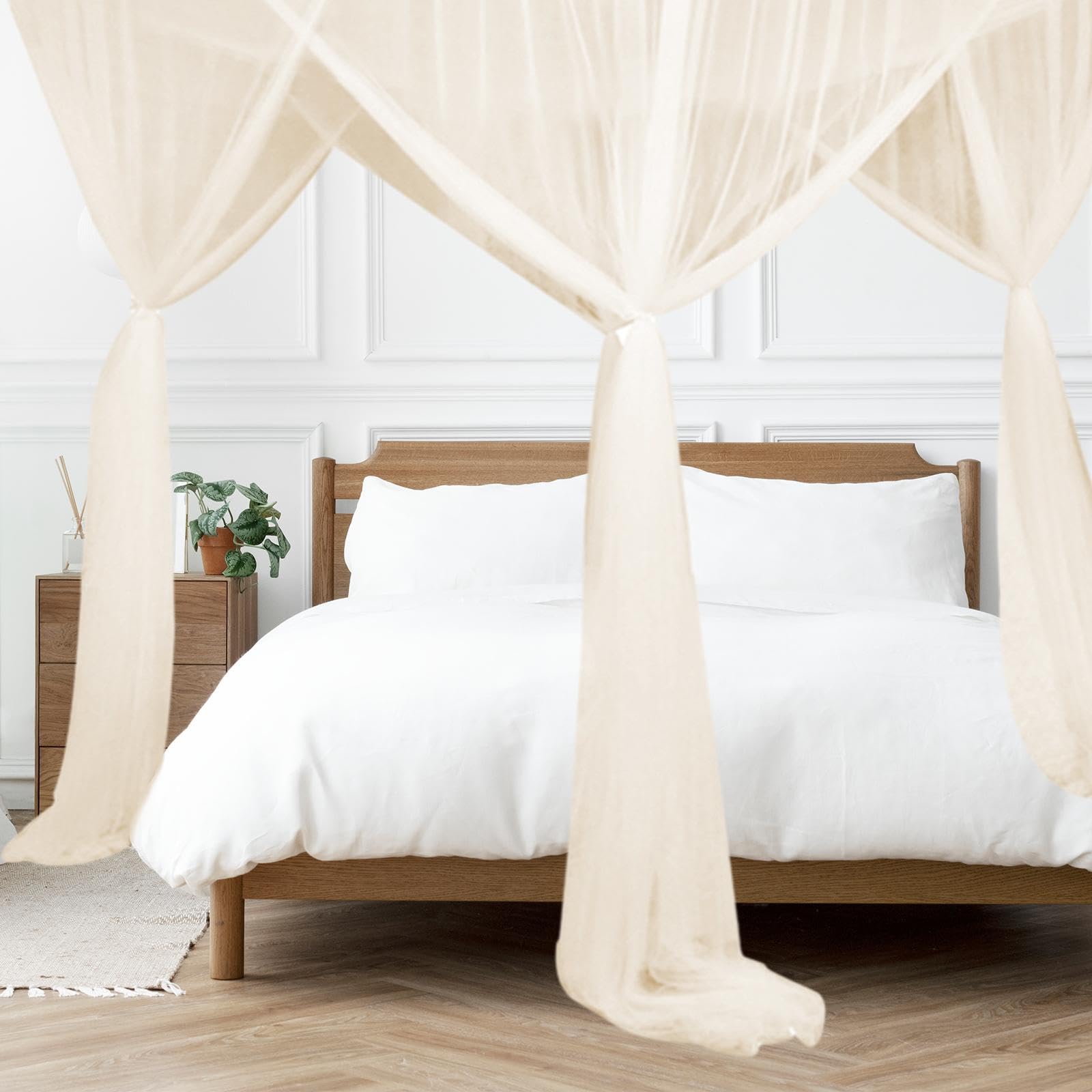 Leefasy 4 Corner Post Bed Canopy Net Hanging Bed Valance Princess Bedroom Decoration Universal Canopy Bed Curtains for Adults Women, Beige