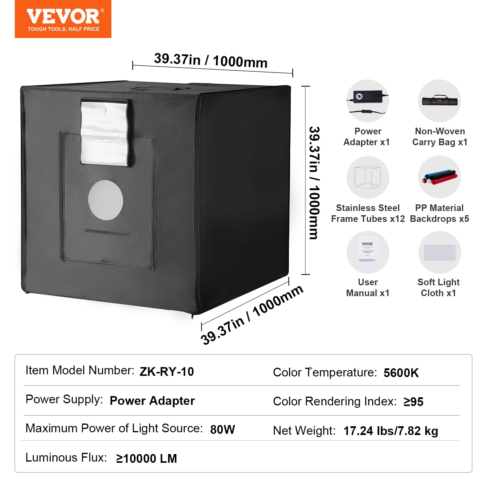 VEVOR Box Fotografico per Studio Scatola Luminosa 100x100 cm, Kit Light Box 5600K, 210 Luci LED 5 Fondali, Scatola Luminosa Fotografica da Studio CRI ≥95, Tenda Luminosa per Studio Fotografico