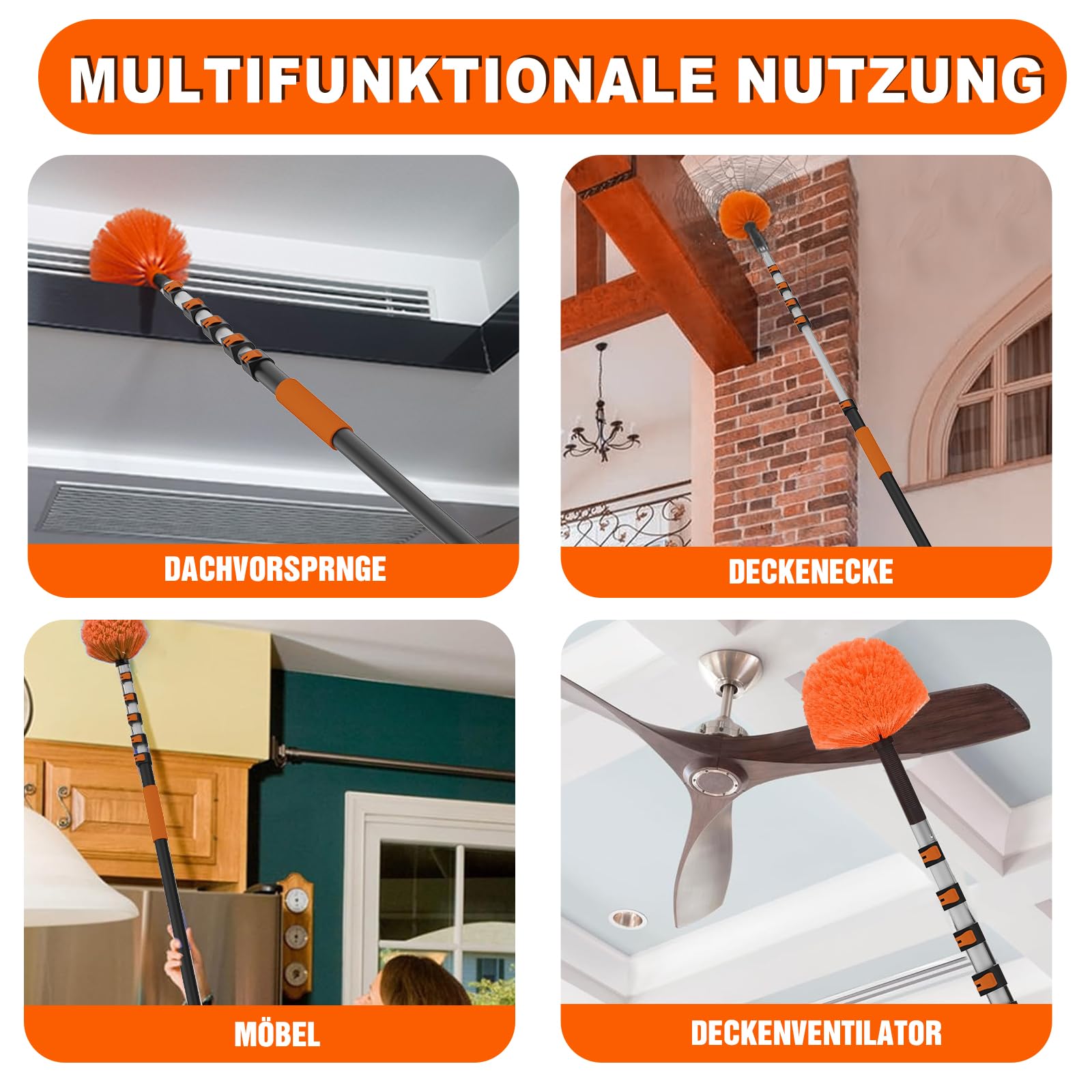 SISUPASSIE 7,2M Staubwedel Teleskop, Spinnenwebenentferner mit Teleskopstiel, ausziehbarer waschbarer Staubwedel für die Reinigung von Decken, Ecken und Möbeln