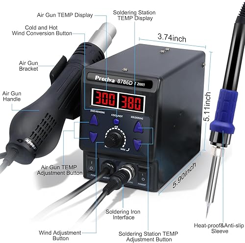 Miniatura 2 de Preciva 8786D - Kit de estación de soldador de aire caliente 2 en 1 con F C, conversión de aire fríocaliente, estación de soldadura con pantalla LED