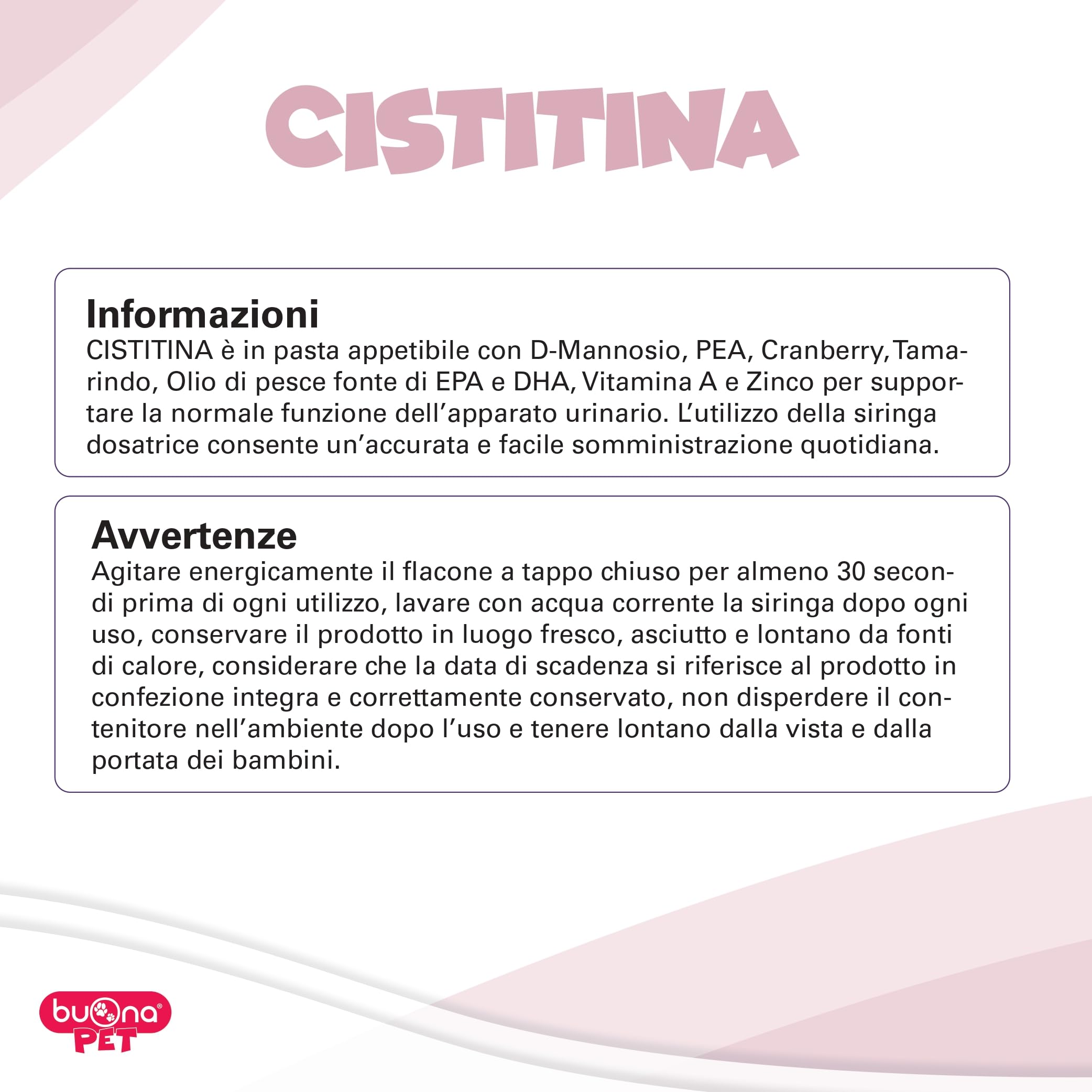 Cistitina Buona Pet 60g Cani e Gatti, Supporta l'Apparato Urinario con D-Mannosio, Cranberry, Tamarindo, Zinco, Semi di pompelmo, Vitamina A, Olio di Pesce, PEA Levagen Plus®, L-teanina, lattobacilli