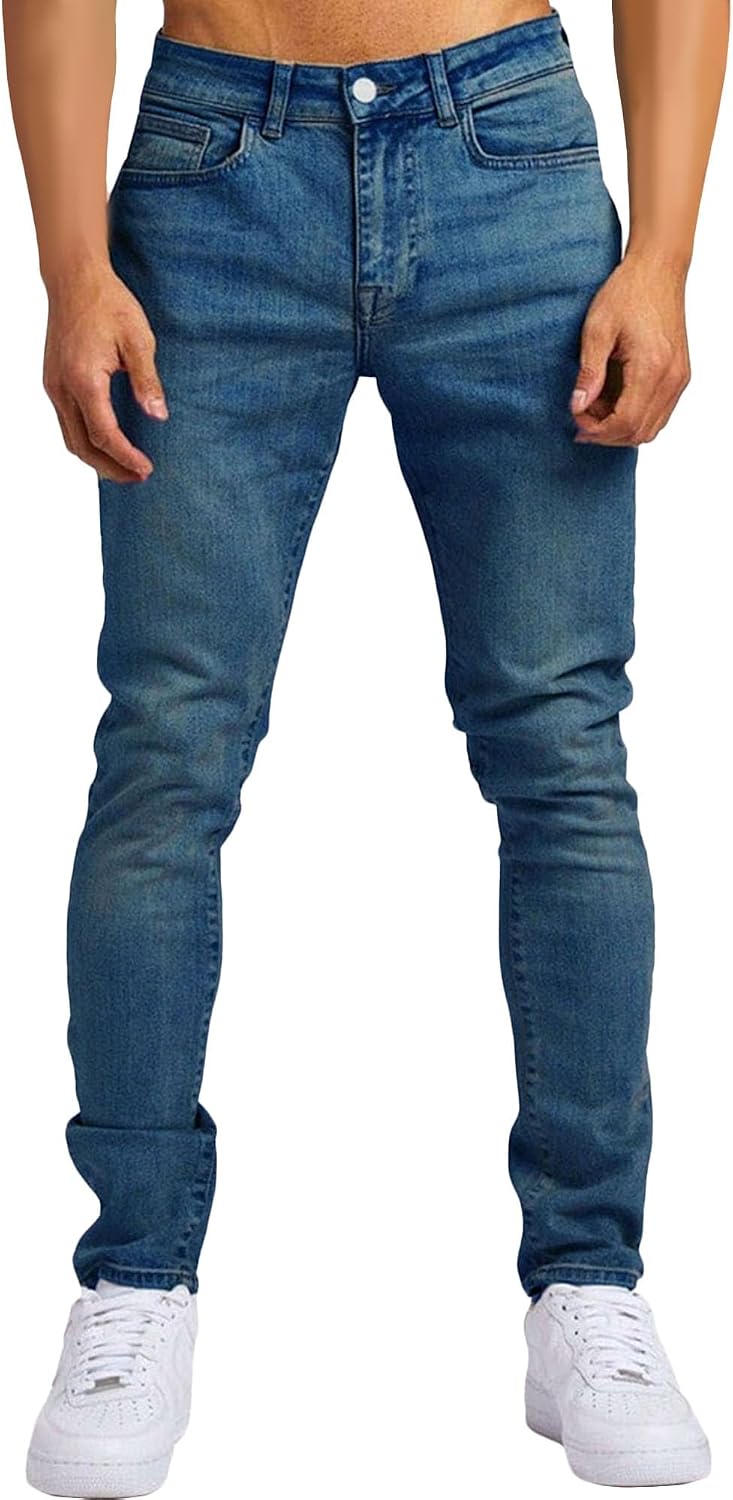 Men's Mid-Waist Slim Fit Denim Pant Vintage Street Micro-Elastic Pencil Jeans Classic Trendy Tapered Leg Trousers