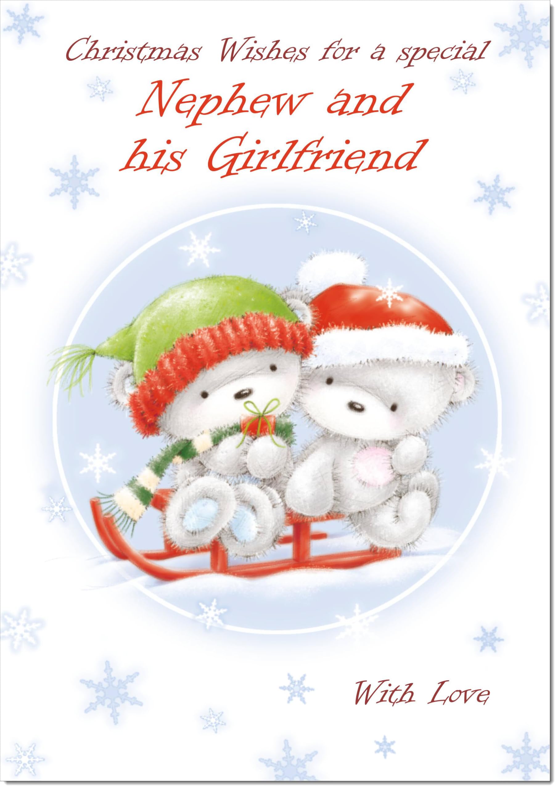 doodlecards Nephew and Girlfriend Christmas Card Cute Bears on Sled Large A4 Size Christmas Card for Nephew & Girlfriend with Plain Envelope — image 1