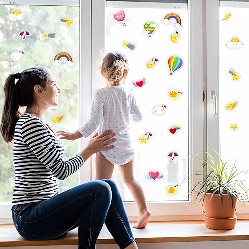 Miniatura 5 de 20 calcomanías de gel gruesas de arcoíris para aula, calcomanías de gel realistas para ventanas para niños pequeños y adultos, hogar, avión