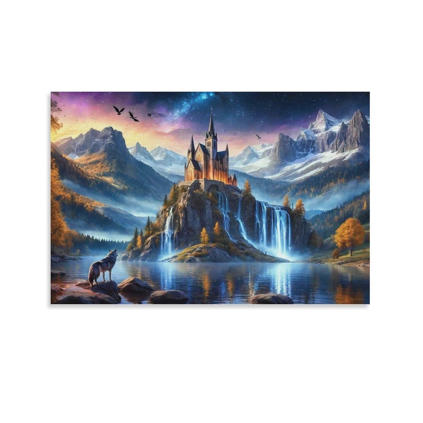 CPLVKWRQJ Castle Individual Fantasy Castle with Waterfall And Wolf Canvas Print - Office Wall Art Fade Resistant Statement Piece Ready to Hang 24x36inch(60x90cm)
