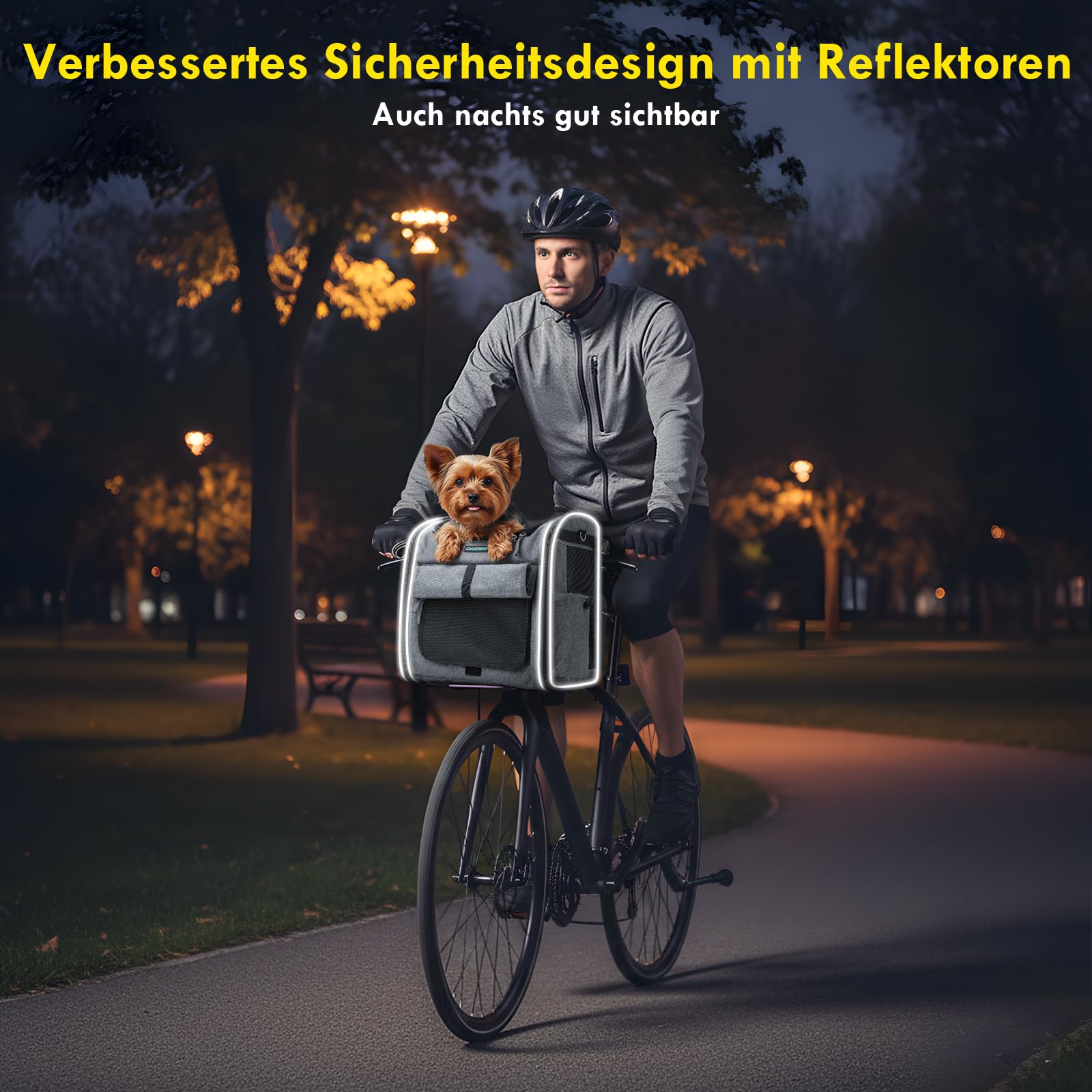 Hundekorb Fahrrad Vorne bis 10KG mit L-förmige Halterung Φ8cm, Faltbarer Hundefahrradkorb 4 in 1 Rucksack Schultertasche Autositz, Bequemes Kissen, Netzfenster-Design, Reflektorstreifen