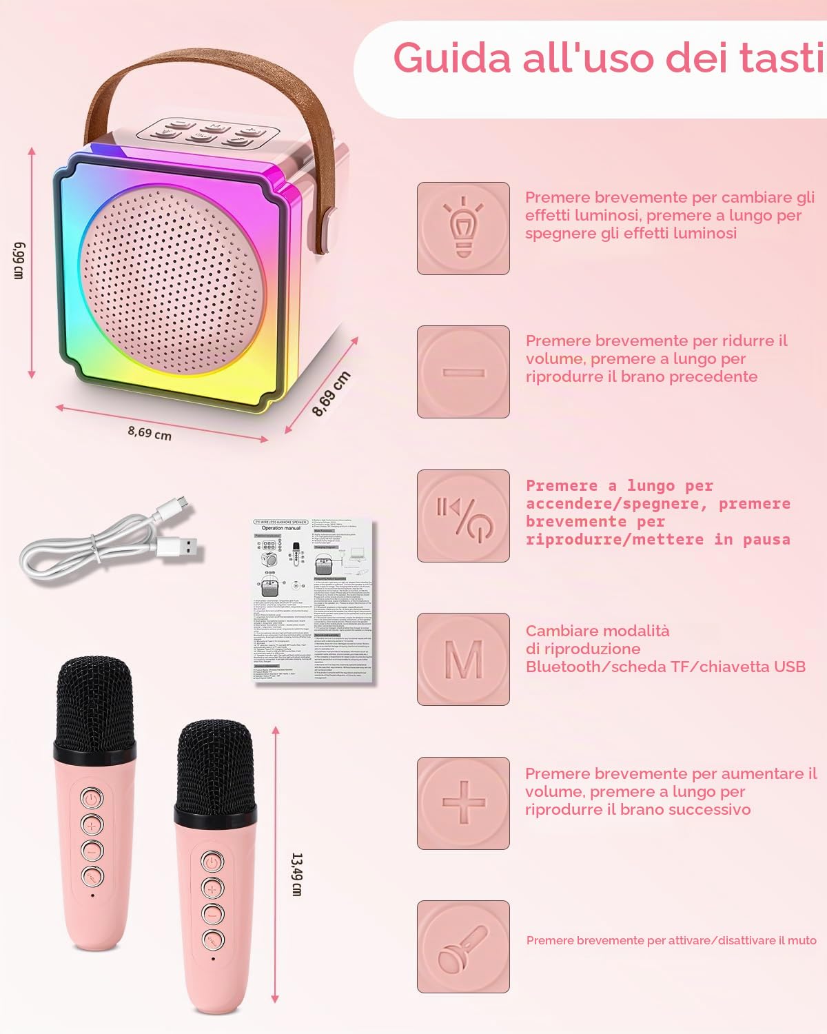 Azyvum Karaoke per Bambini con 2 Microfoni Senza Fili Bluetooth, Macchina Karaoke Portatile con Luce LED ed Effetti di Cambio Voce, Regalo Bambina 3-12 Anni, Ragazzi e Ragazze