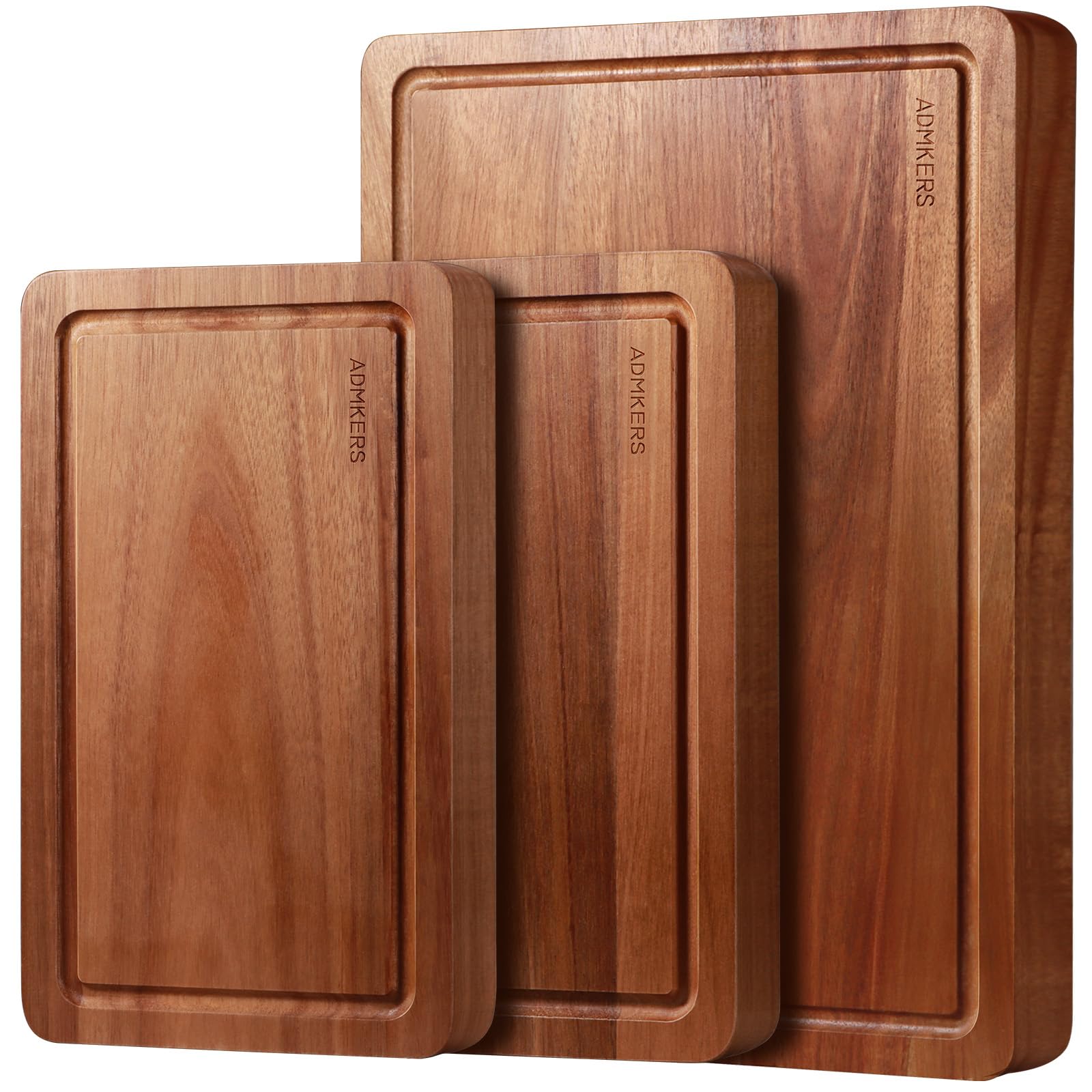 Schneidebrett Holz 3er Set, großes Schneidebrett aus massivem Akazienholz, 2 cm dickes Küchenbrett aus Holz mit Saftrinne, Design Cutting Board Schneidbrett Set (43 x 30 cm / 30 x 25 cm / 30 x 18 cm)