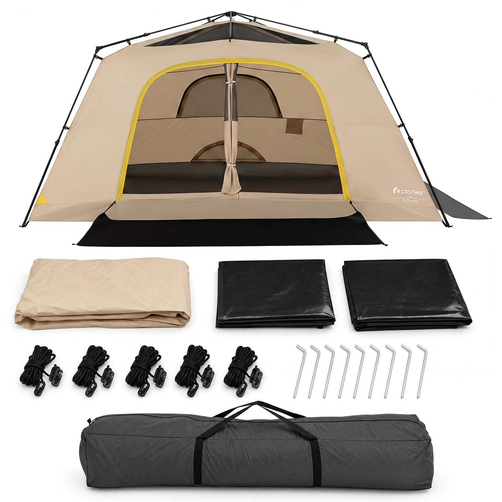 COSTWAY Instant Camping Tent, 10 Person Family Tent with Rainfly (Khaki)