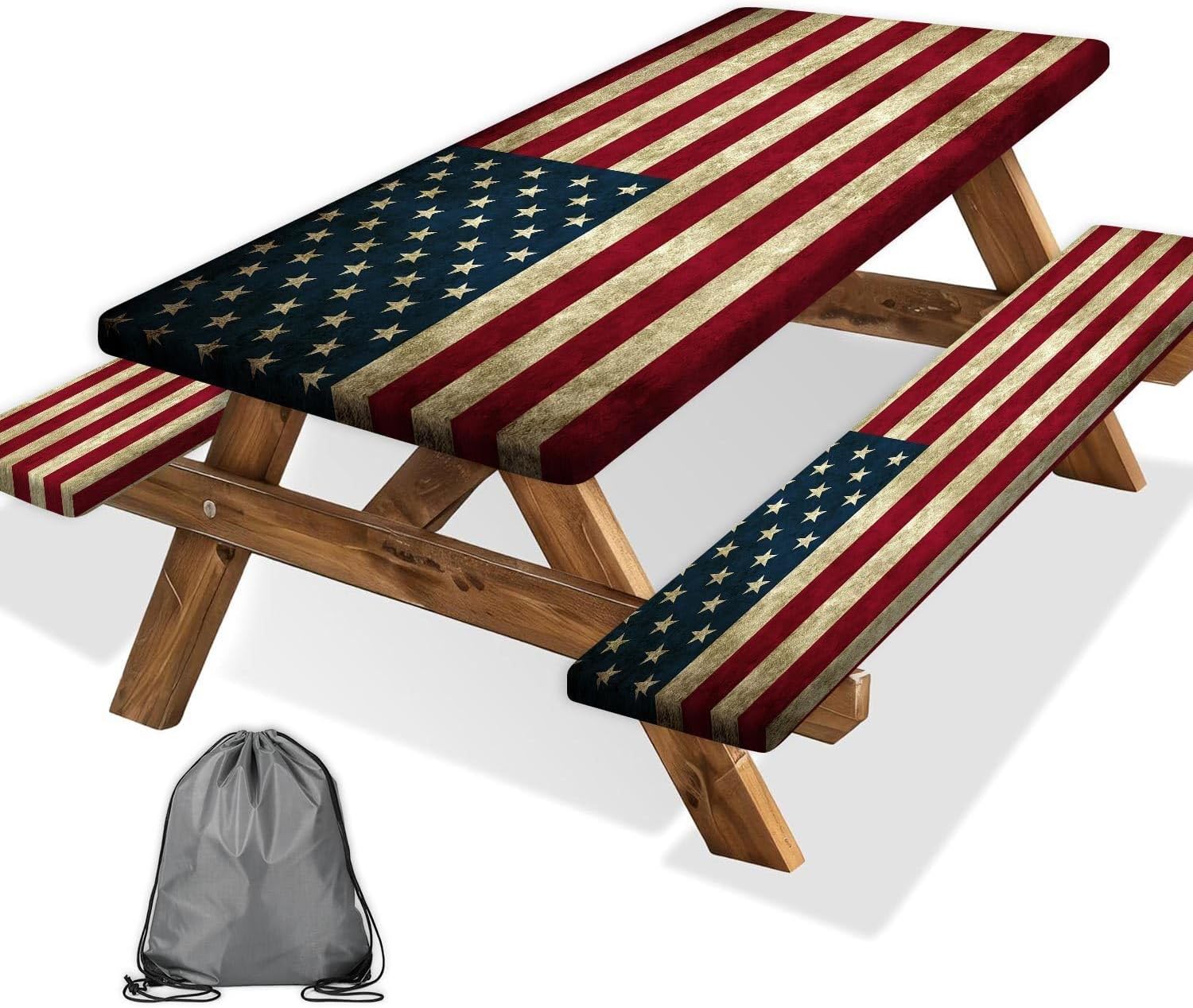 JAWO American Flag Picnic Table Cover with Bench Covers and Carrying Bag, Camping Essentials, Flag Outdoor Table Covers, Waterproof, Fitted Tablecloth Cover with Elastic Edge, 3 PCS, 30X96 Inch