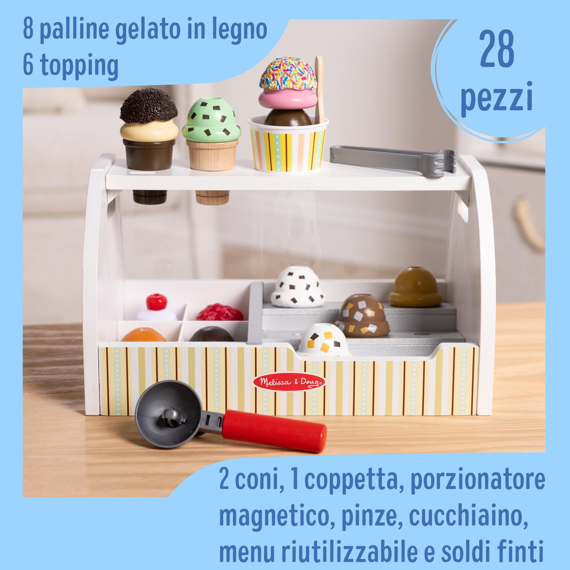 Melissa & Doug Banchetto dei Gelati - Gelateria in Legno, Giocattolo Gelato Finto, Gioco di Imitazione Montessori, Regalo per Bambini e Bambine, 3+ Anni