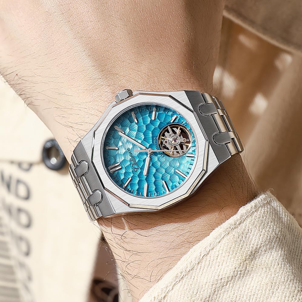 Einzigartige Uhr mit wassergeriffelter Oberfläche, hohl, Tourbillon, vollautomatisch, mechanische Herrenuhren, modisch, luxuriös, leuchtend, wasserdicht