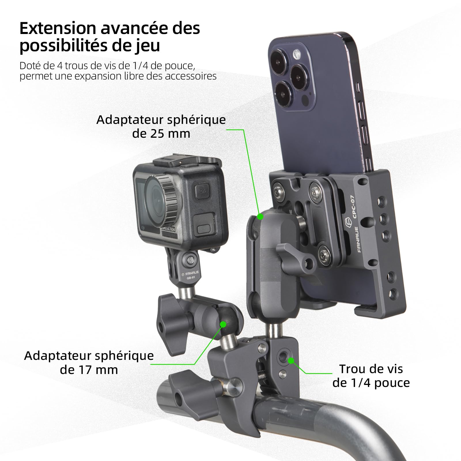 FANAUE Support de téléphone pour Moto avec Base de Montage à rotule d'un Pouce Compatible avec RAM Mounts, Une Plage de Serrage de 13 à 52 mm, adapté aux guidons de Motos et de vélos