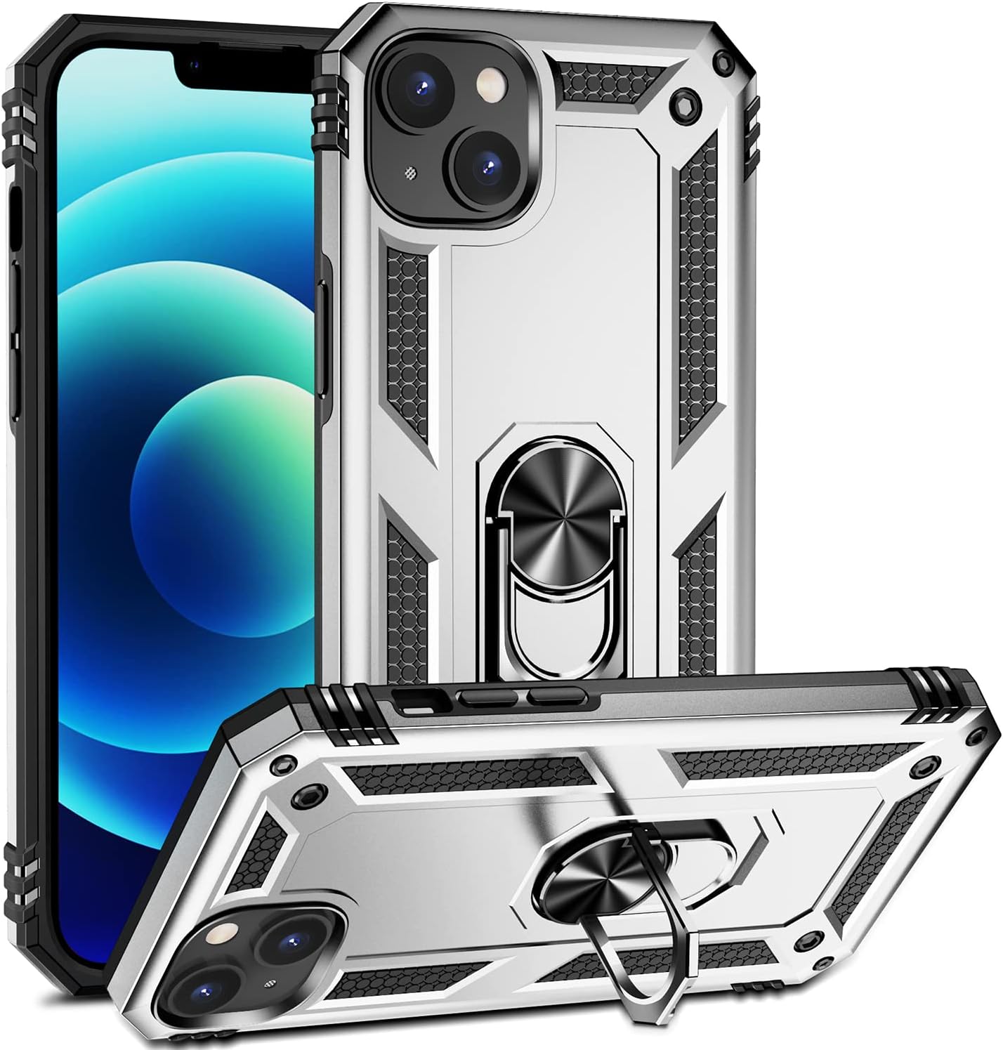 Dionsibei Military Grade Drop Impact for iPhone 14 Plus Case 360 Metal Rotating Ring Kickstand Holder Armor Heavy Duty Shockproof Case for iPhone 14 Plus Phone Case (Silver)