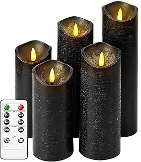 Black flameless Candles, Battery Operated LED Pillar Candles with Moving Flame Wick with Remote Timer,Pack of 5