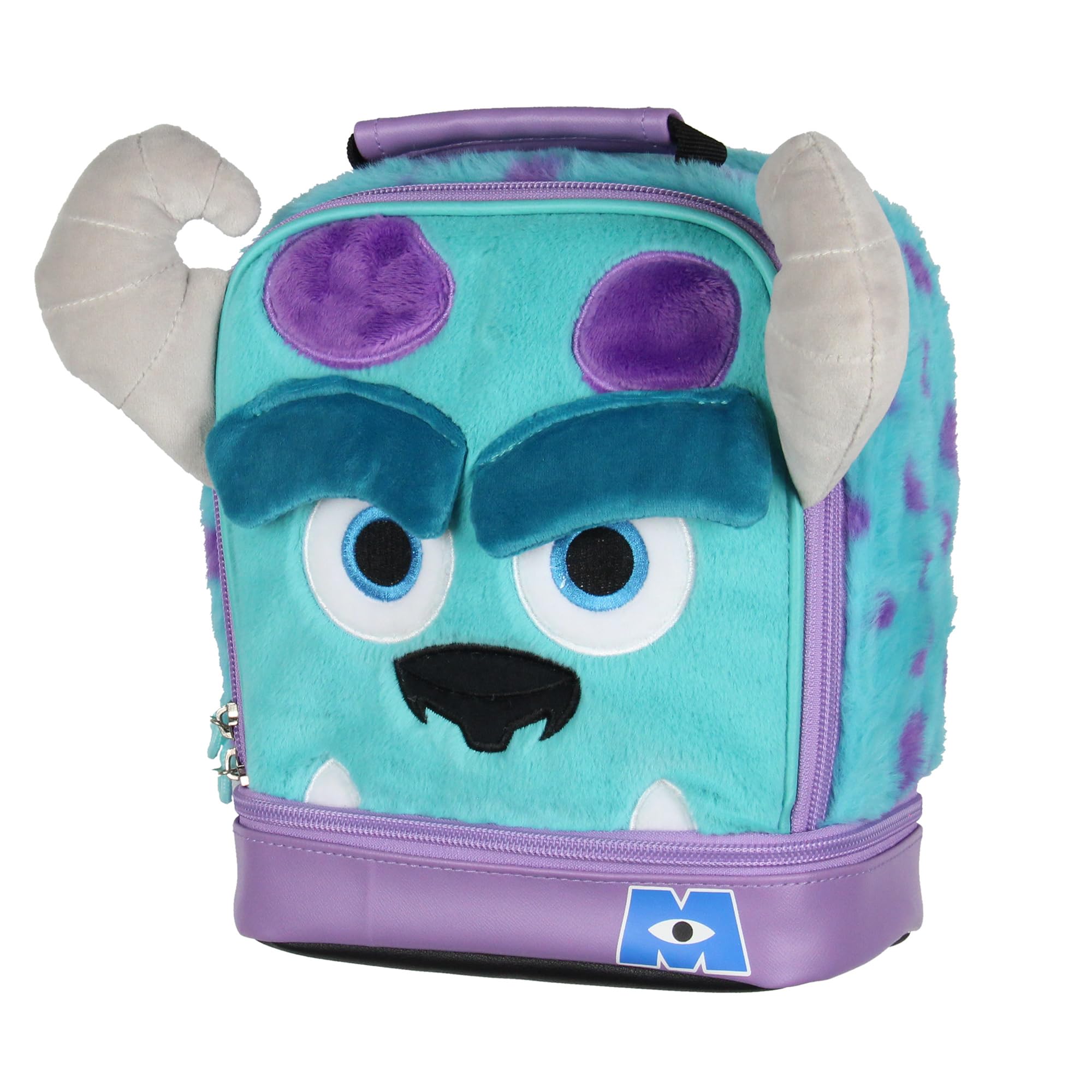 Disney Monsters Inc Plush Fuzzy Fur Sulley Embroidered Face 3D Horns and Eyebrows Insulated Dual Compartment Lunch Box