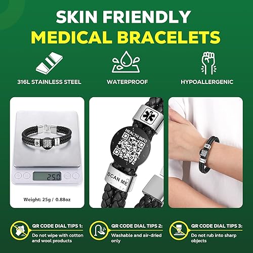 Miniatura 2 de Pulseras médicas mejoradas para hombres con código QR, pulseras de identificación de alerta médica, pulsera de cuero tejida vintage de 7 a 8