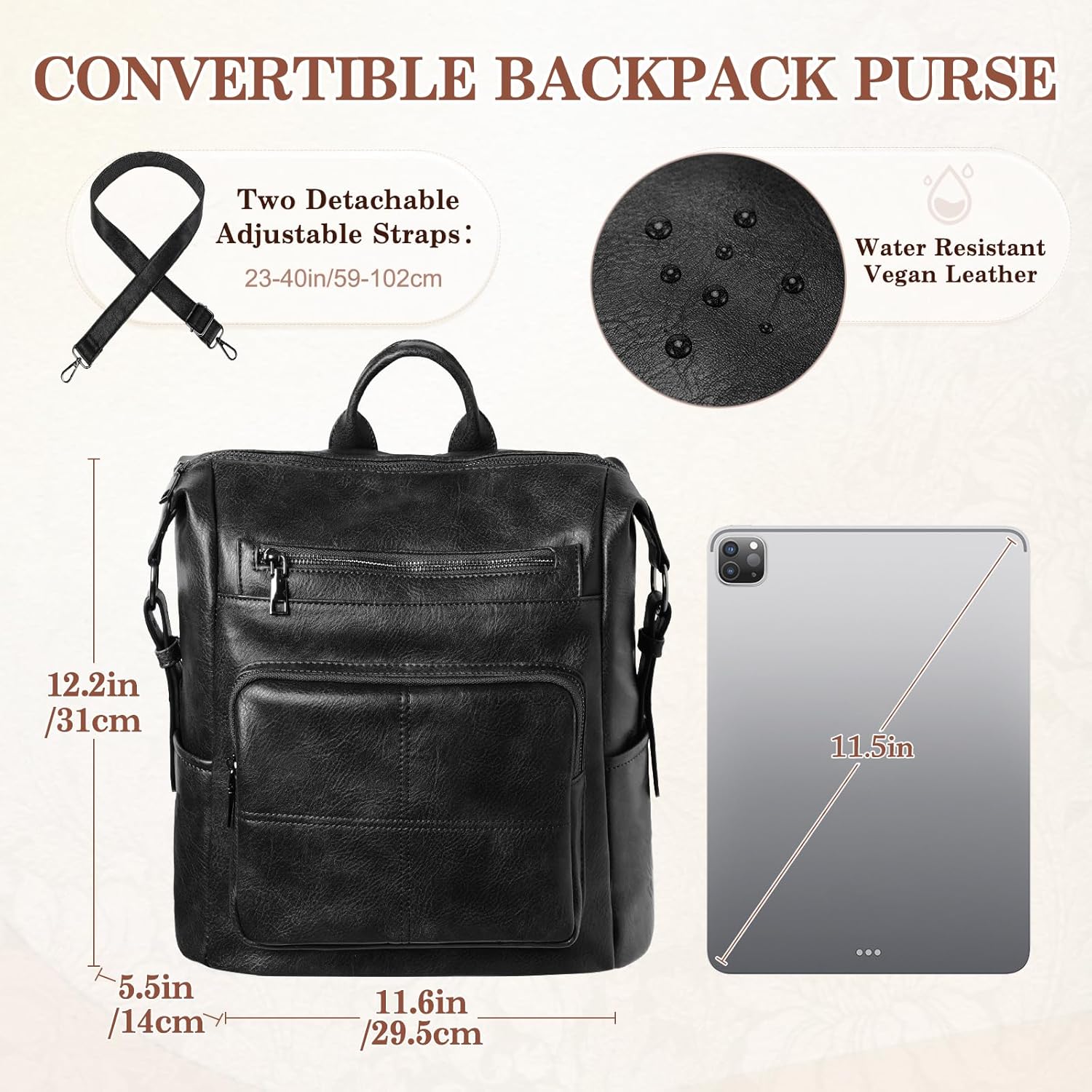 VASCHY Backpack Purse for Women,Vegan Fashion Leather Medium Convertible Ladies Backpack Shoulder Bag for Travel/Work/Diaper Black - Image 2