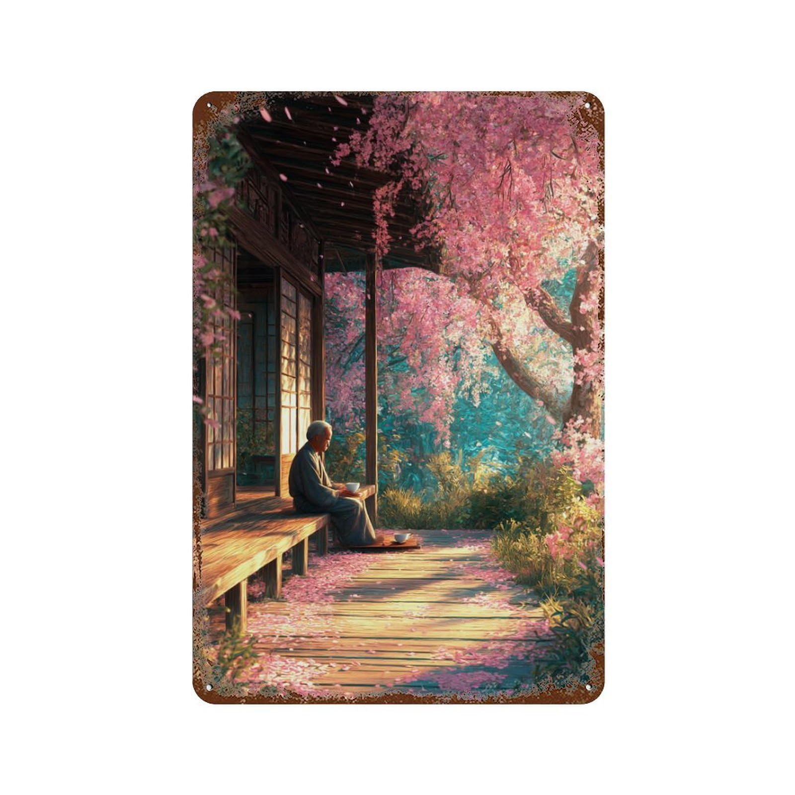 Garage Style Cherry Blossom Serenity-9 Aged Metal Wall Plaque 11.8"x7.9", Industrial Home Decor for Bar And Workshop