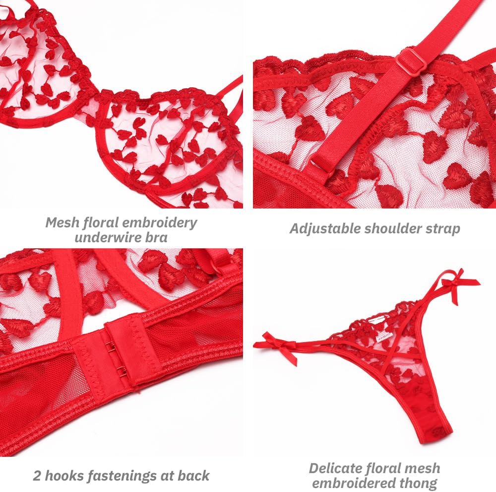 Women's Sexy Lingerie Floral Lace See-Through Mesh Babydoll Underwear V Neck Underwired Valentines Bra Panty - Image 8
