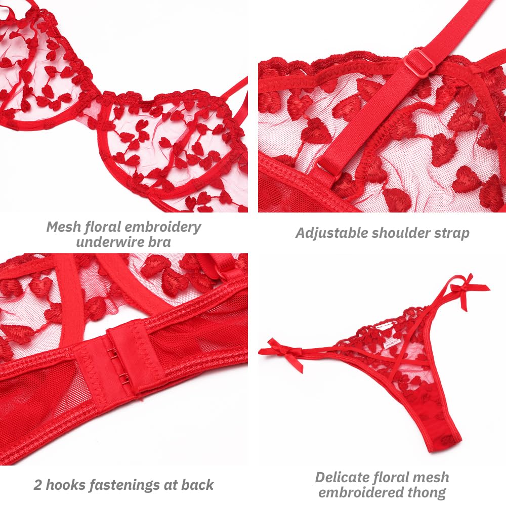 Conjunto de lencería Sexy de 2 Piezas para Mujer con Bordado Floral de corazón, Sujetador con Aros de Media Copa y Tanga, Sujetador Transparente de Malla para Mujer, Tanga a Juego, Bragas, Conjuntos