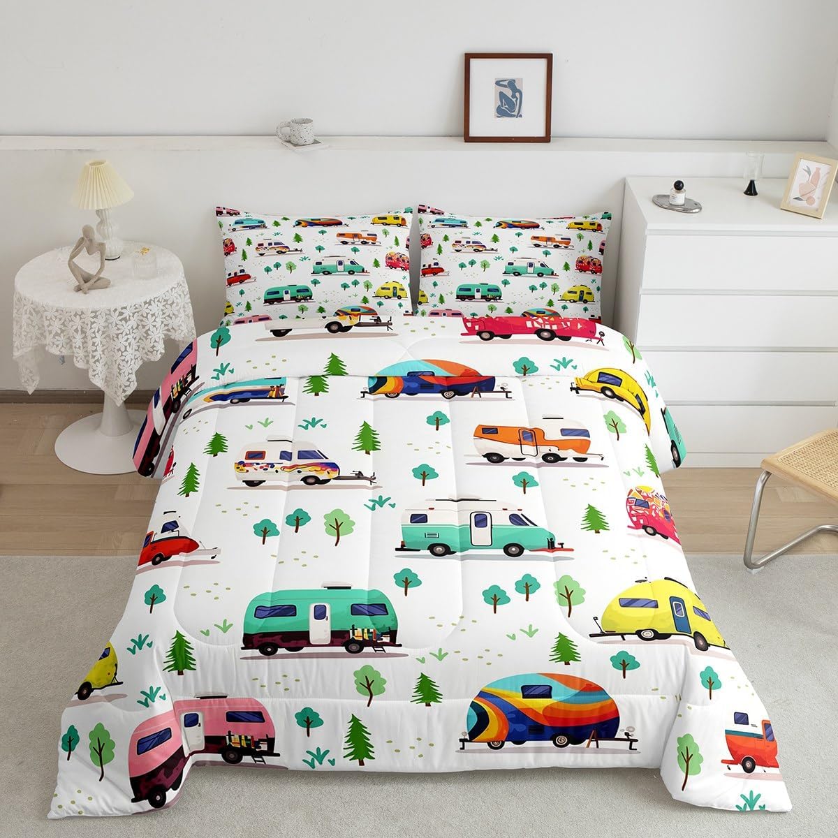 Manfei Happy Camping Comforter Set Queen Size, Camper RV Trailers Bedding Set 3pcs, Travel Adventure Theme Down Comforter for All Season, Kids Boys Teens Room Decor, 2 Pillowcases, No Sheets