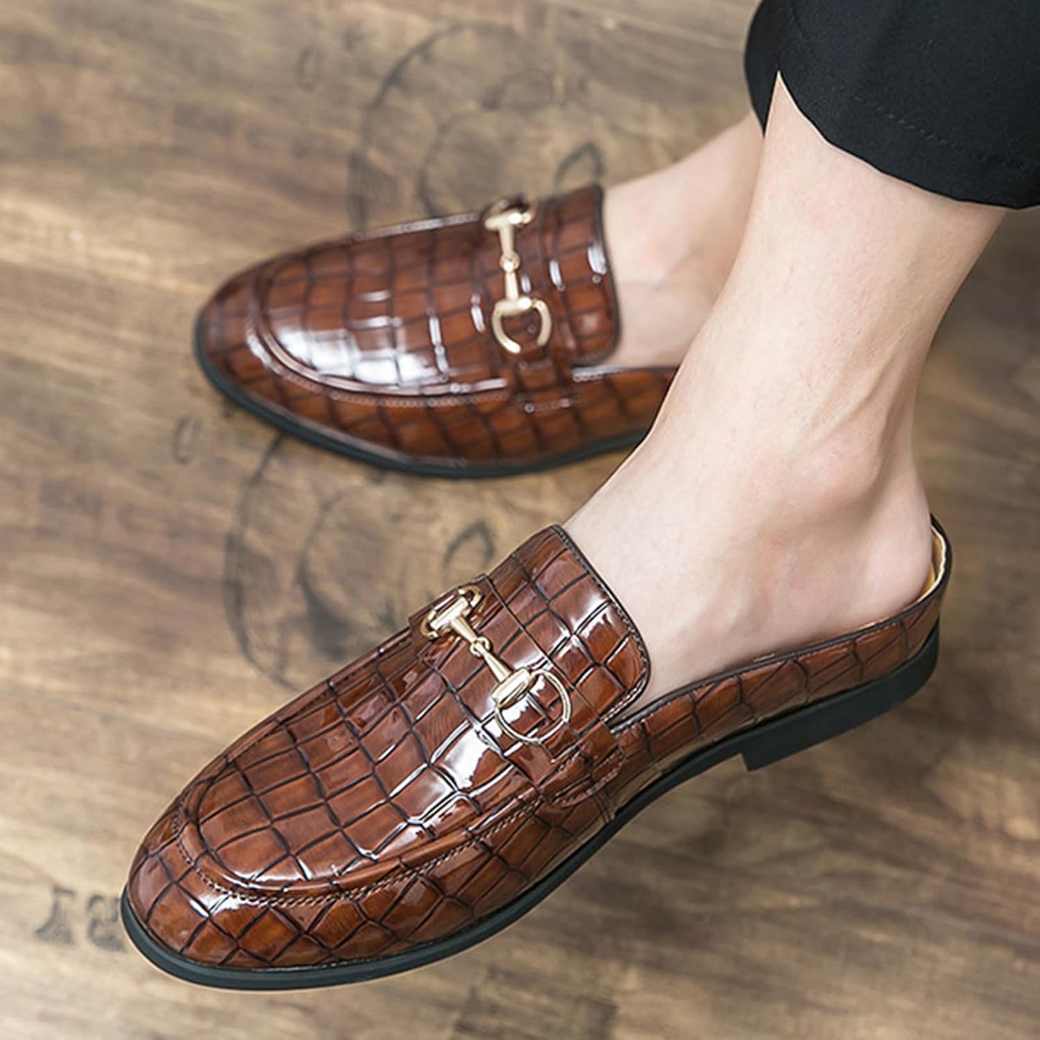 Mule Sandals for Men Low Block Heel Fashion Metal Buckle Comfort Slip Round Toe Backless Penny Loafers for Dressy Casual Daily Office Work