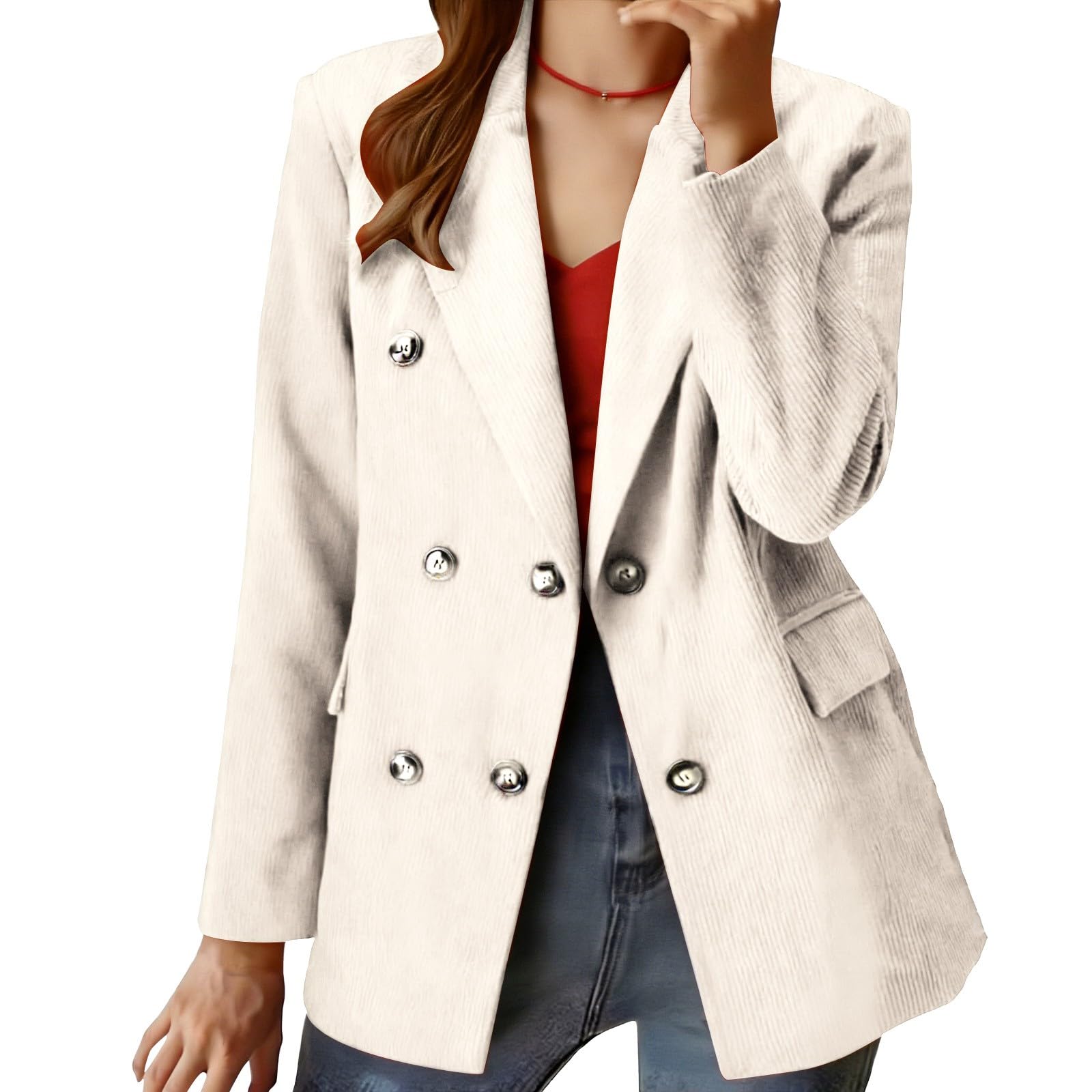 Generisch Blazer traditionnel moderne à double boutonnage en velours côtelé pour femme, cintré, marron, veste de costume, veste d'affaires, veste vintage en velours côtelé, pour le travail, le bureau