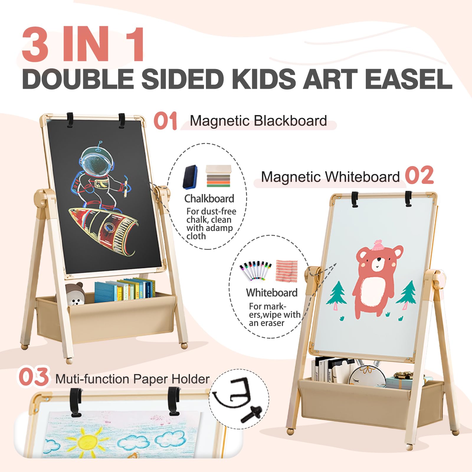 Chevalet double face en fer pour enfants avec trombone, planche à dessin pliable réglable en hauteur, chevalet debout rotatif à 360°, tableau noir avec lettres et chiffres pour garçons et filles