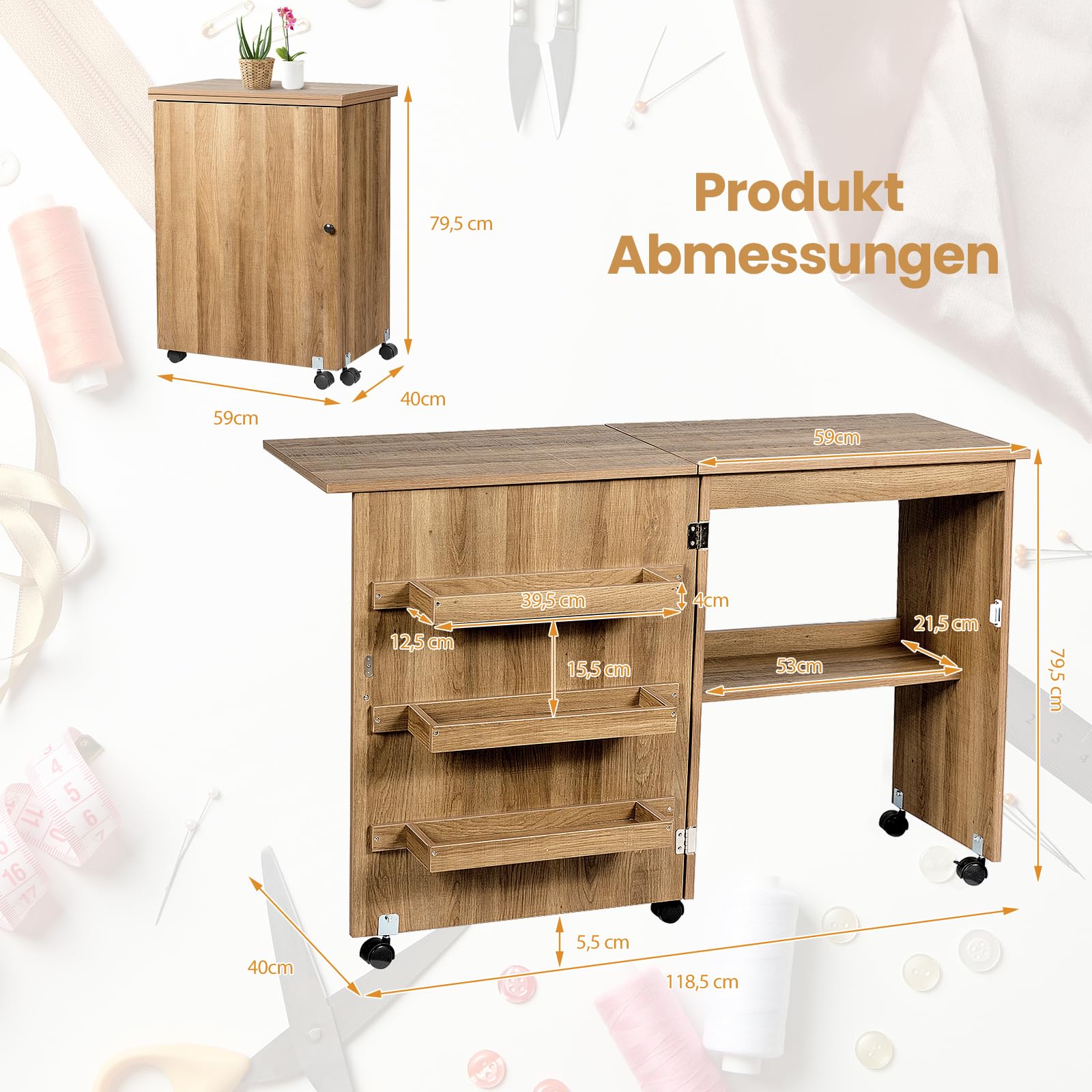 RELAX4LIFE Faltbarer Nähtisch auf Rollen, Nähmaschinenschrank aus Holz, Nähschrank, Mehrzwecktisch, ideal für Wohnzimmer, Schlafzimmer und Arbeitszimmer (Holzfarbe)