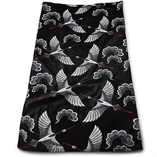 鶴と雲 黒 フェイスタオル 速乾タオル スポーツ タオル マイクロファイバー 超吸水 軽量 速乾 肌触り良い 30x70cm