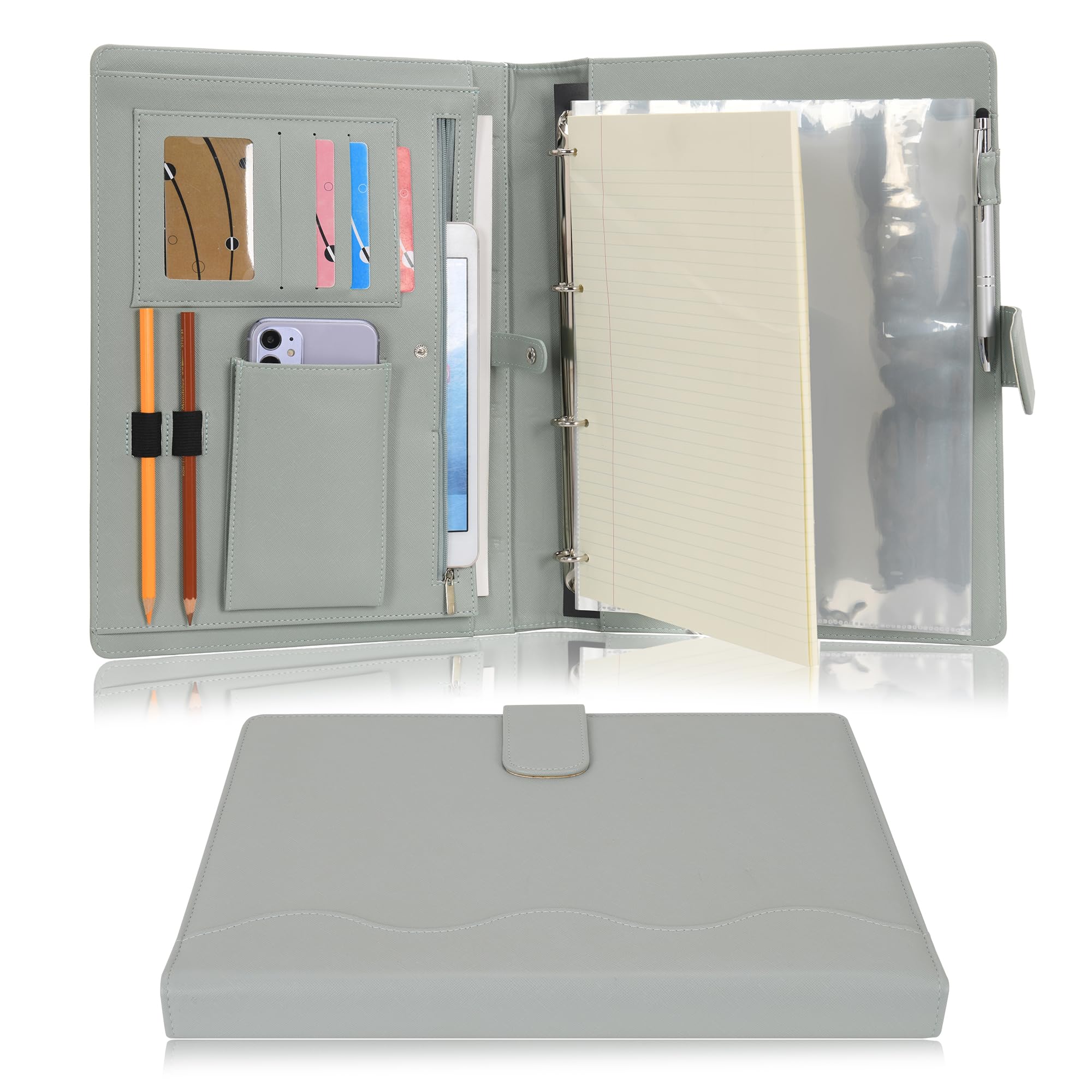 Wonderpool A4 PU Leather 4 Ring Holder Writing Portfolio Multi Document Case with Removable Binder Clipboard and Functional Pocket for Organizer Office Travel School (Green)