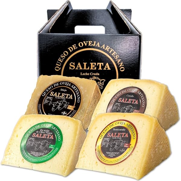 SALETA® Cesta Quesos Gourmet Regalo | Queso Oveja de La Mancha | 4 Cuñas Queso Curado, Semicurado, Añejo y en Aceite de Oliva Virgen Extra | Surtido de quesos "Pack Más Premiados 1Kg" - 1